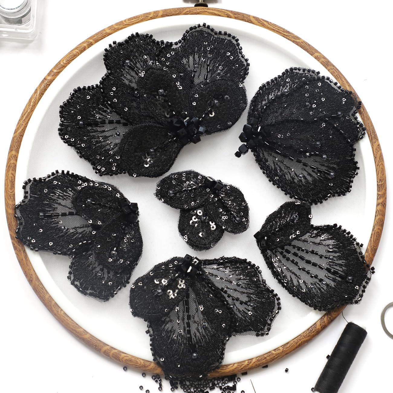 Black Beaded Appliques Embellishments for Dresses Handmade Sparkling Lace Flower Patches Sewing Beads Stones Sequins Bling Bodice Applique Rhinestone DIY Decorative Clothes (SJ01-BK)