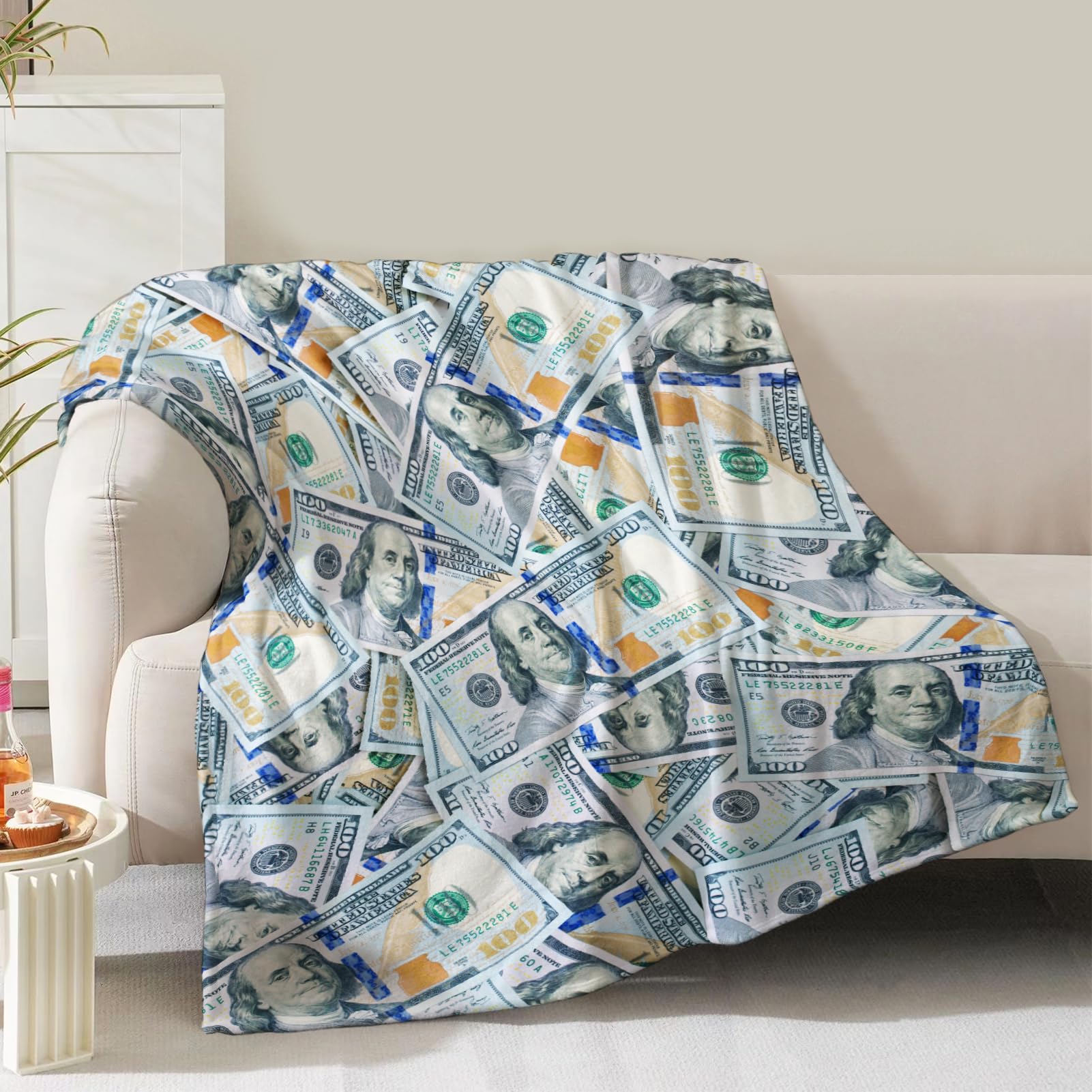 Money Blanket 100 Dollar Bills Print Gifts for Men Boys Women Kids Birthday Christmas Valentine Presents for Dad Mom Husband Wife Teens Wealth Theme Decor Bedroom Living Room Soft Cozy Throws 60"x80"