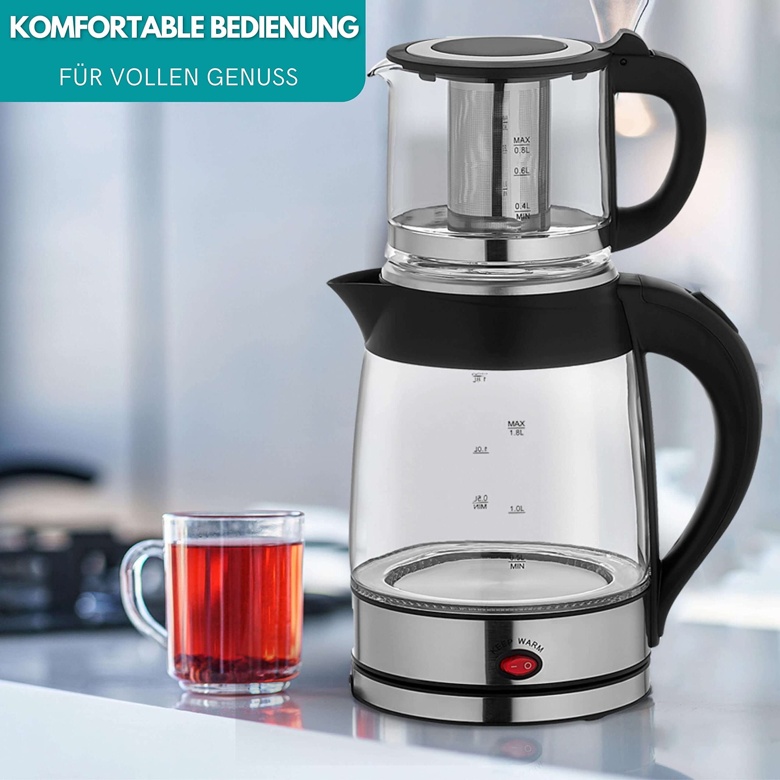 Teekocher | 100% BPA-Frei | Sicherheitsglas | Kalkfilter | 2200 Watt | Überhitzungsschutz | Tee | | Tea Maker | Tee Maschine | Wasserkocher | Teemaschine | Water Kettle