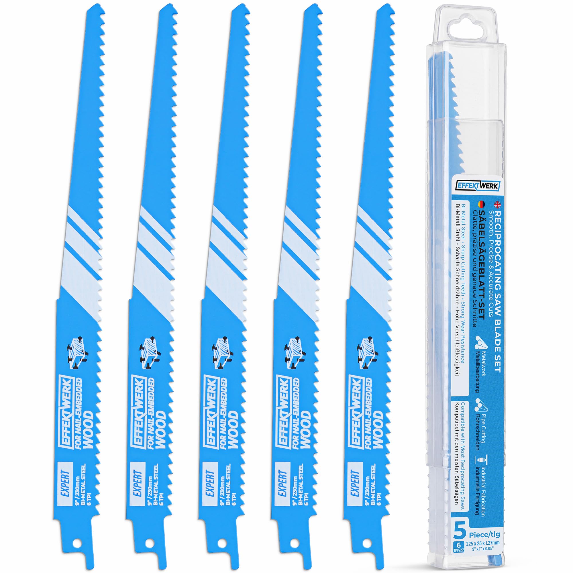 EffektWerk - Reciprocating Saw Blades for Metal - 5 Pieces - 9" / 225mm Bi-Metal Steel Cutting Saw Blade Set - 6 TPI