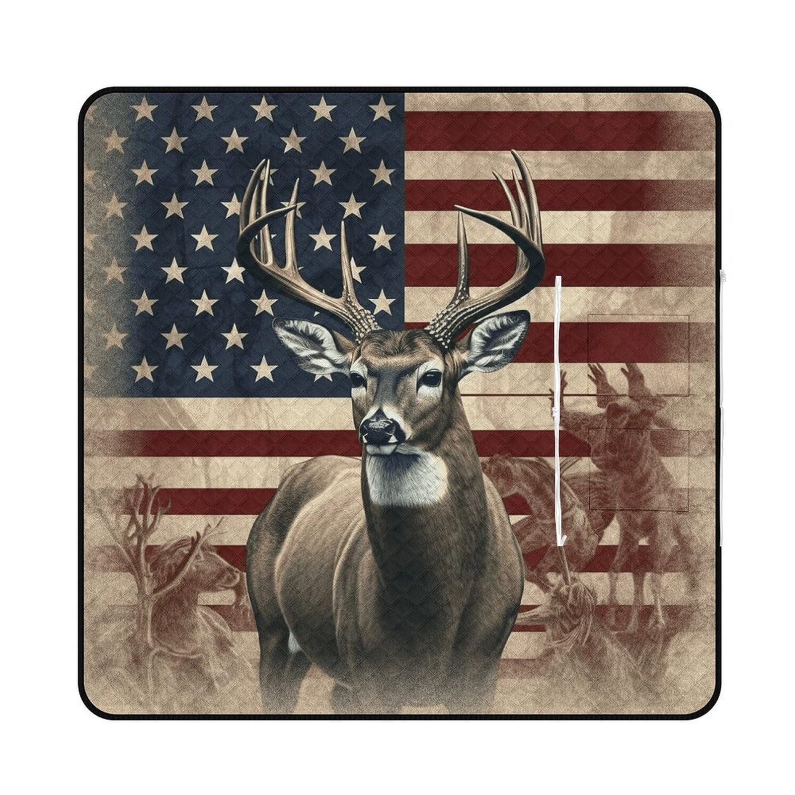 VstaDank Americana Flag Deer Picnic Mat 200x200cm Extra Large Picnic Blanket with Zipper Waterproof Sandproof Beach Blanket Portable Beach Mat Foldable Camping Blankets for Park Grass Lawn Travel