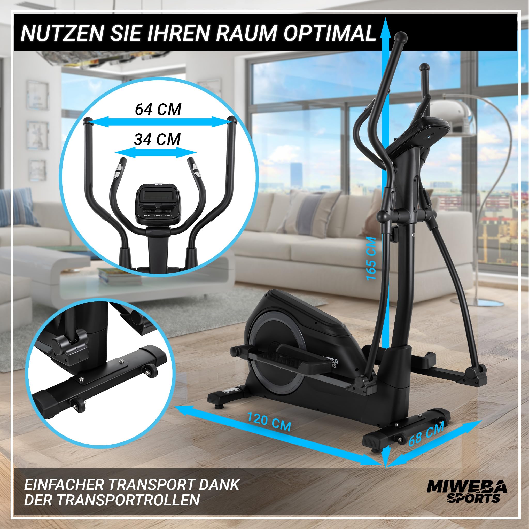 Miweba Sports Crosstrainer MC500 Stepper 7 kg Schwungmasse 120 kg Ergometer Heimtrainer leise Ellipsentrainer LCD Monitor Cardio Fitnessgerät Schwarz