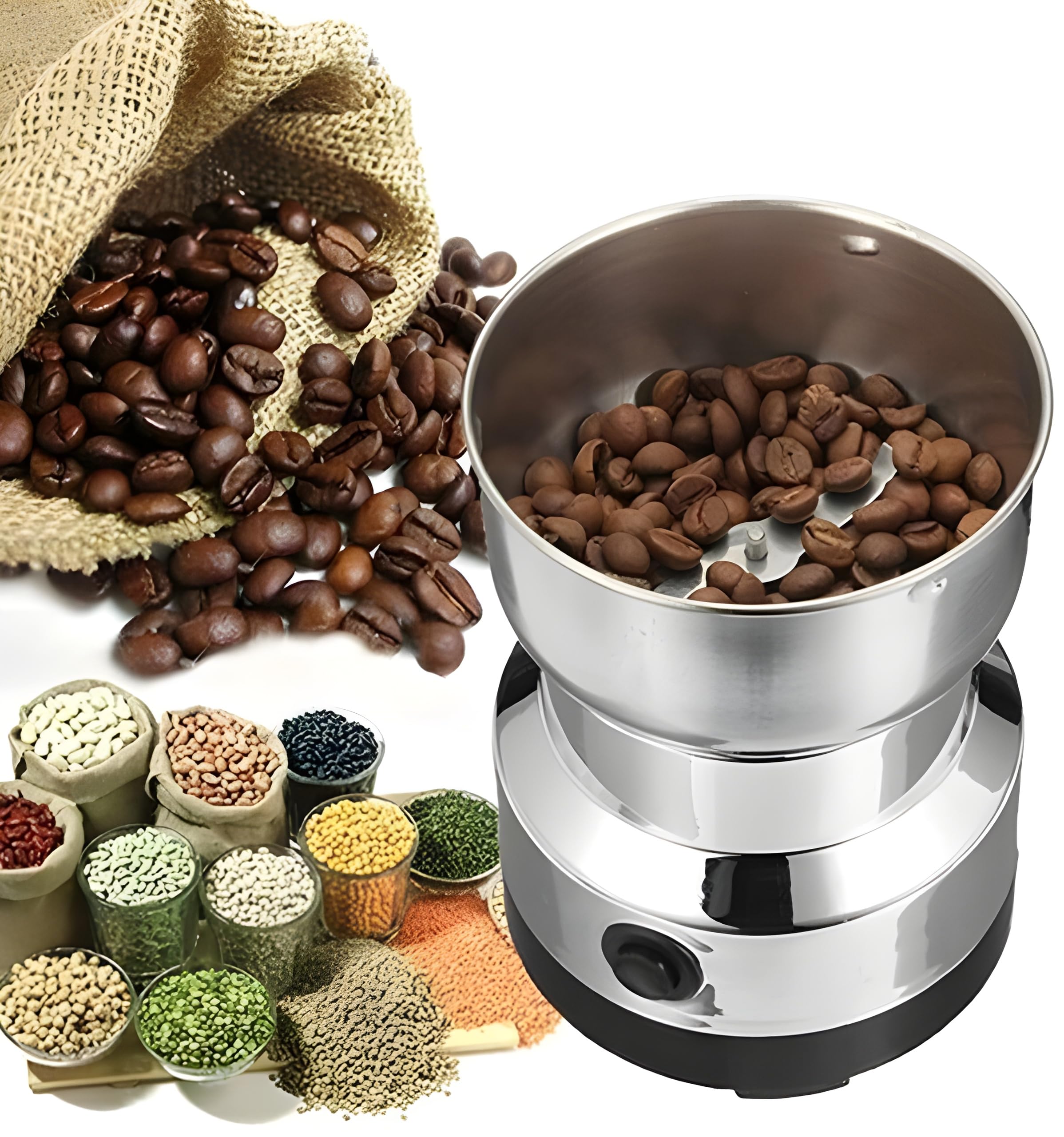Nima Stainless Steel Mini Grinder,Spice & Coffee Grinder, Dry Masala Mixer Grinder, Mini Masala Grinder, Mini Blender for Coffee, Spices, Baby Food, Chutneys, and More, Mini Mixer Grinder (Silver)