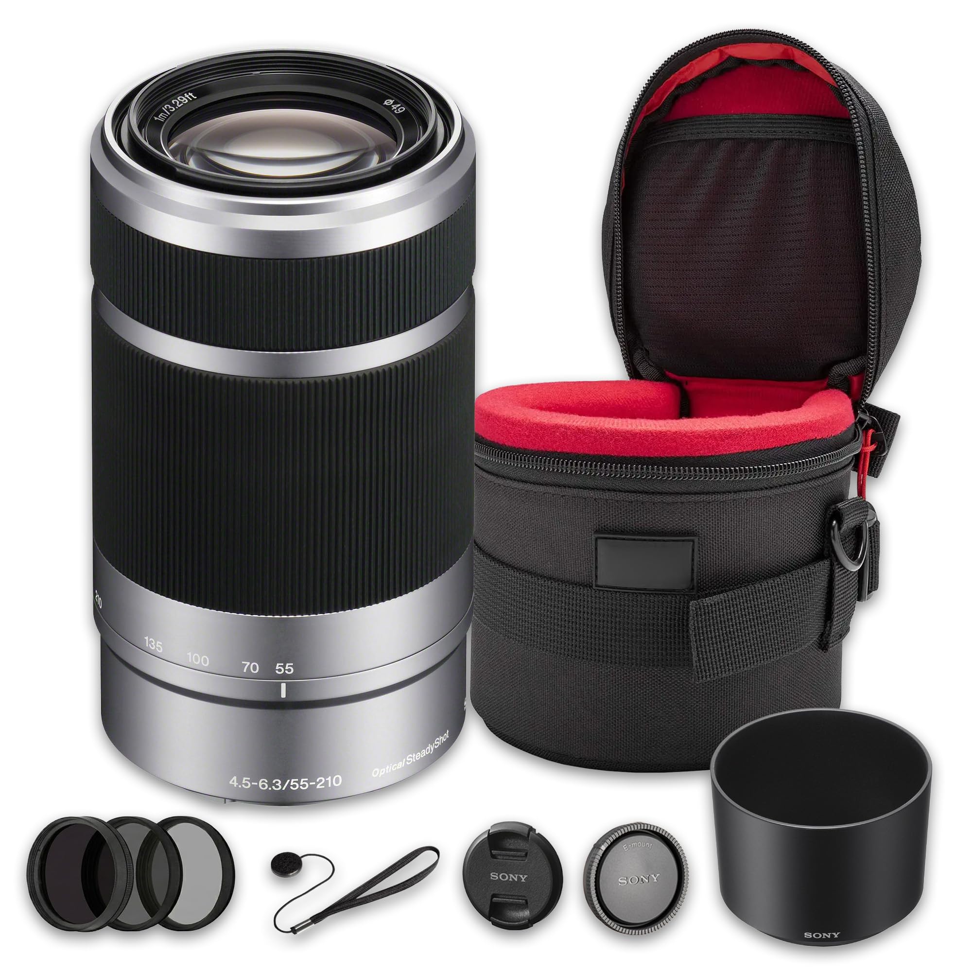 Photo 1 of Sony E 55-210mm f/4.5-6.3 OSS Lens Bundle (Silver) | APS-C Telephoto Zoom with Optical SteadyShot Stabilization & Lightweight Design | for Travel & Sports (SEL55210) + Filter Kit + Case + Cap Keeper
