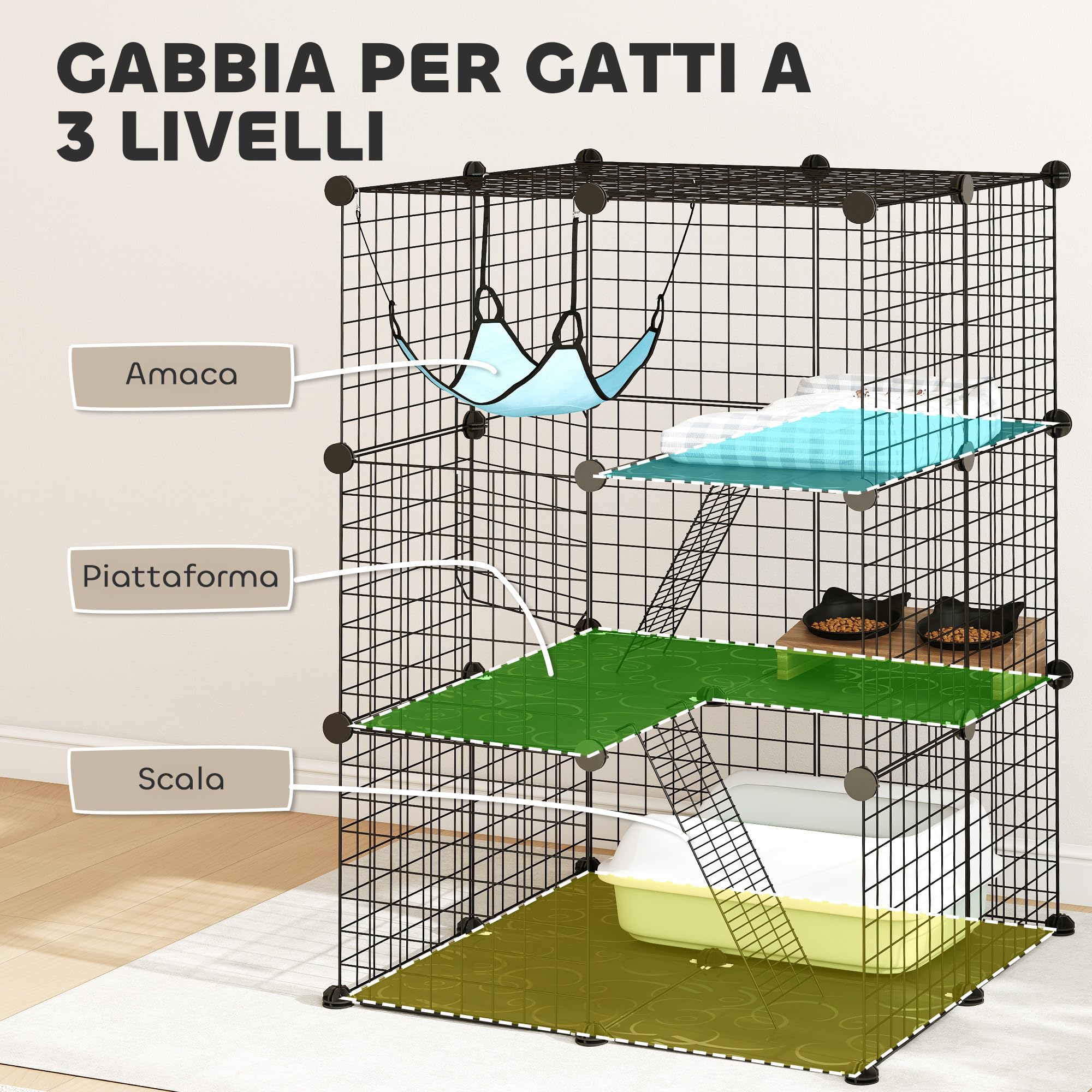 PawHut Jaula para Gatos de 3 Niveles con Hamaca, Plataforma y escaleras, Jaula para Mascotas de Acero y PP, 70 x 70 x 105 cm, Negro y Azul