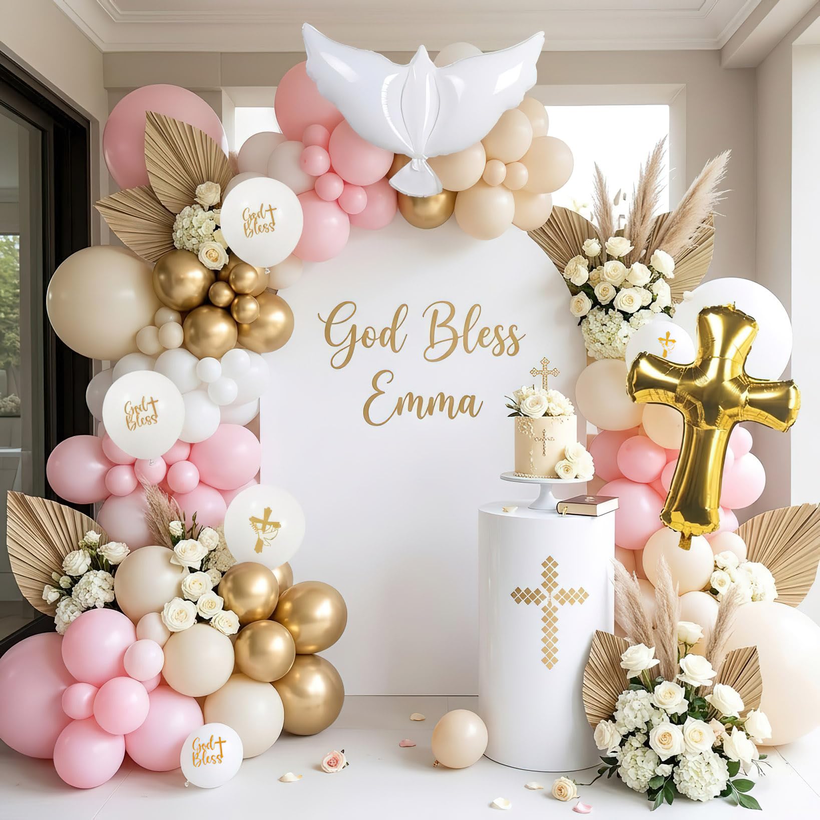 Photo 1 of 133Pcs First Holy Communion Pink Balloon Garland Arch Kit God Bless & Cross Printed Balloons Dove & Foil Cross Balloons for God Bless Baptism Christening Birthday Baby Shower Party Supplie Moxige