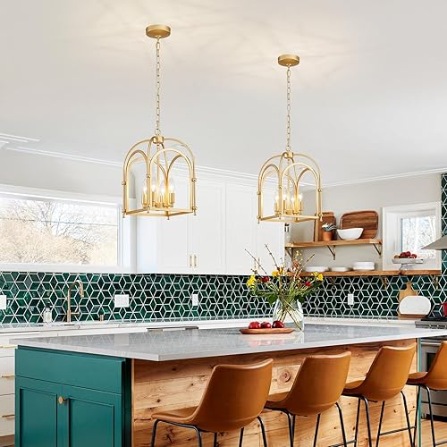 Miniatura 6 de Candelabros de 4 luces, candelabro dorado de granja para accesorios de iluminación de comedor, farol de metal para cocina, lámpara de jaula rústica