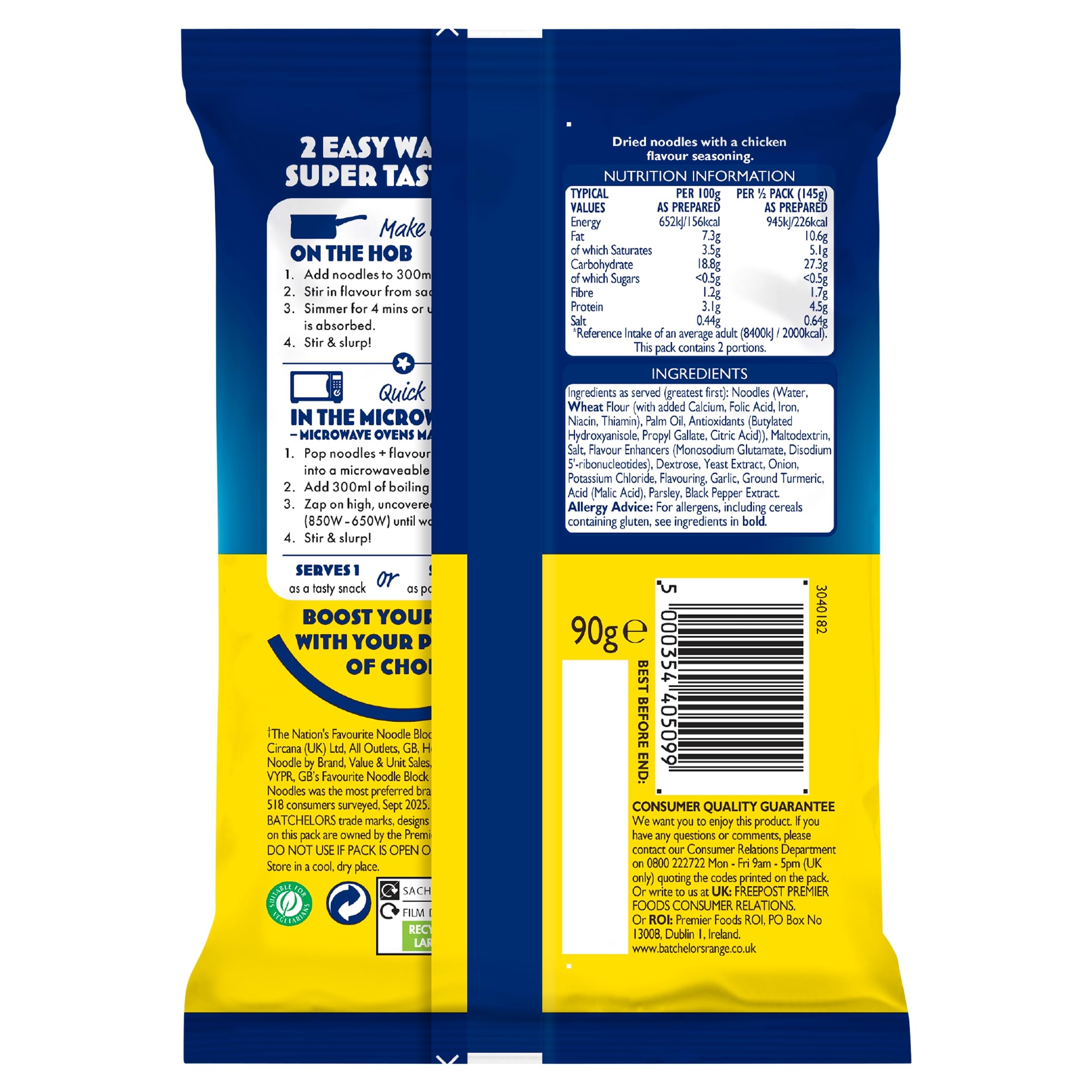 Batchelors Super Noodles, kurczak smak natychmiastowa przekąska gotowa w 4 minuty, opakowanie 90 g (1 opakowanie)