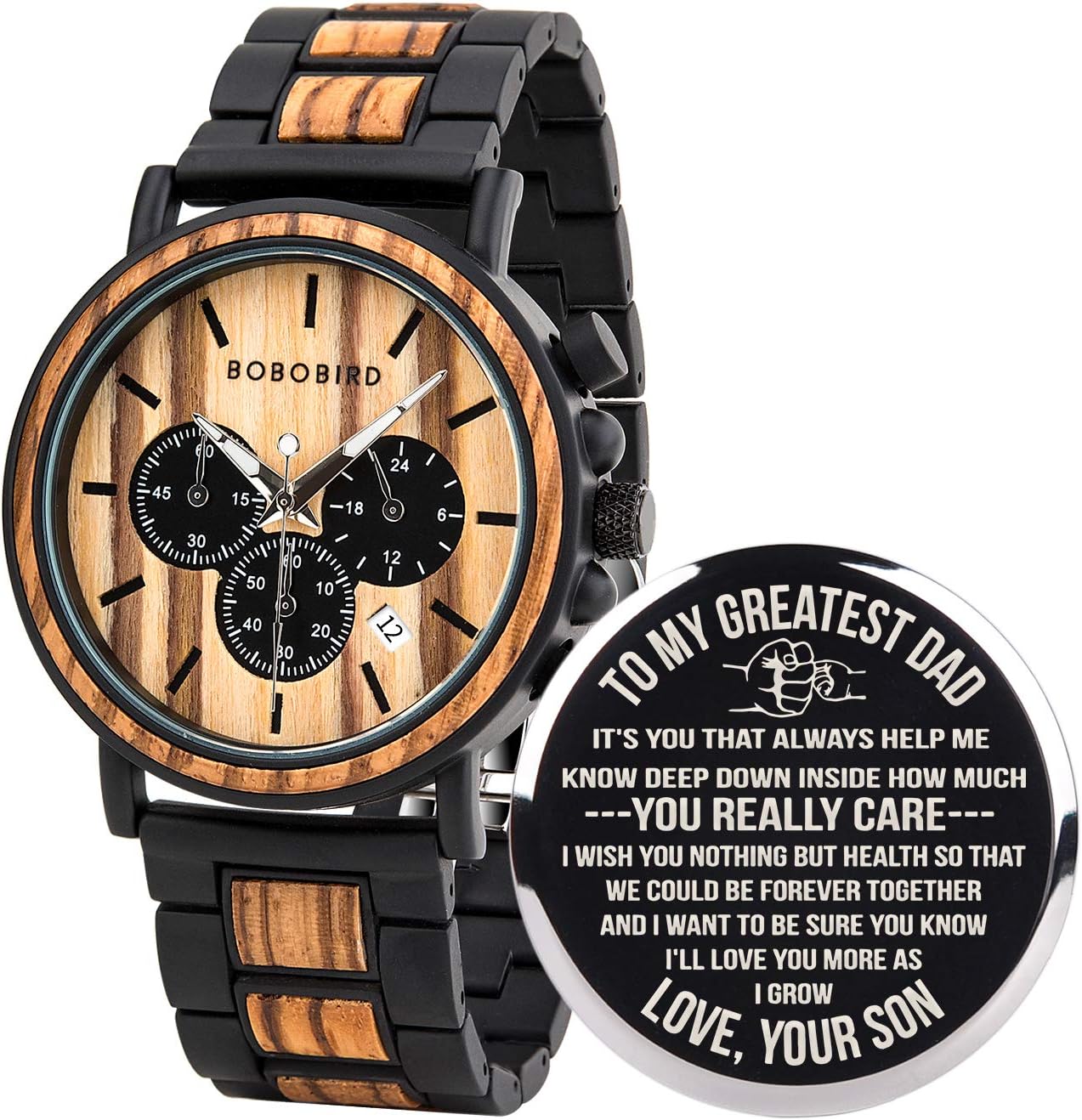 Mens Personalized Engraved Wooden Watches, Stylish Wood & Stainless Steel Combined Quartz Casual Wristwatches for Men Family Friends Customized Watch