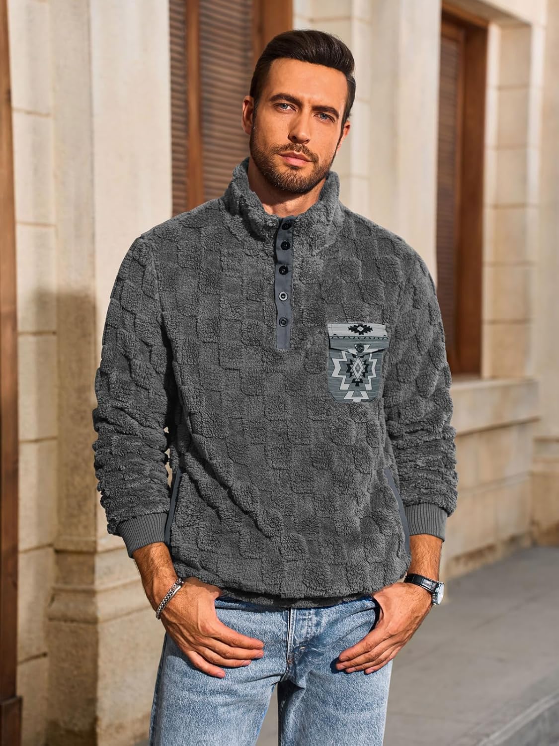 Yousify Mens Fuzzy Sherpa Sweatshirt Flannel Fleece Pullover Jacket Casual Quarter Button Aztec Coat Western Sweaters - Image 4