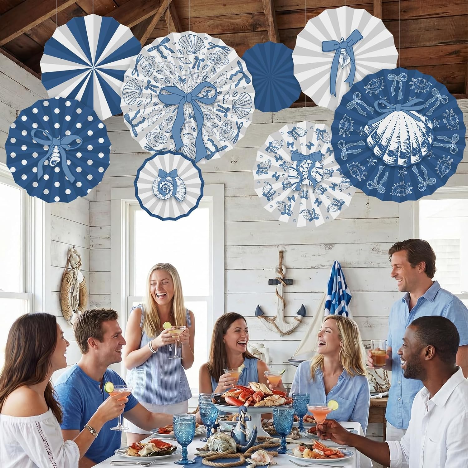 Fullhawl 12 Pcs Beach Bow Party Decorations Blue Bow Starfish and Seashel Hanging Paper Fans Decorations Ocean Under The Sea Theme Birthday Decor for Summer Beach Wedding Birthday Bachelorette