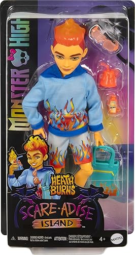 Vista 6 de Monster High Scare-adise Island Heath Burns Doll with Flame Hoodie, Swim Trunks & Beach Accessories Like Sunglasses