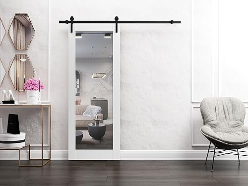 Miniatura 2 de SARTODOORS Puerta de granero resistente de 30 x 80 pulgadas | Lucia 1299 seda blanca con espejo | Juego de perchas de riel de 6.6 pies | Puertas