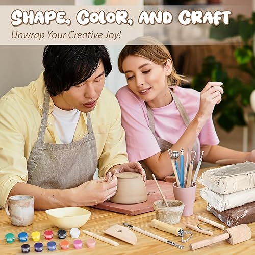 Miniatura 6 de Kit de cerámica de arcilla de secado al aire de 25 piezas de 3 colores para principiantes, incluye arcilla seca de 3.31 libras para adultos,