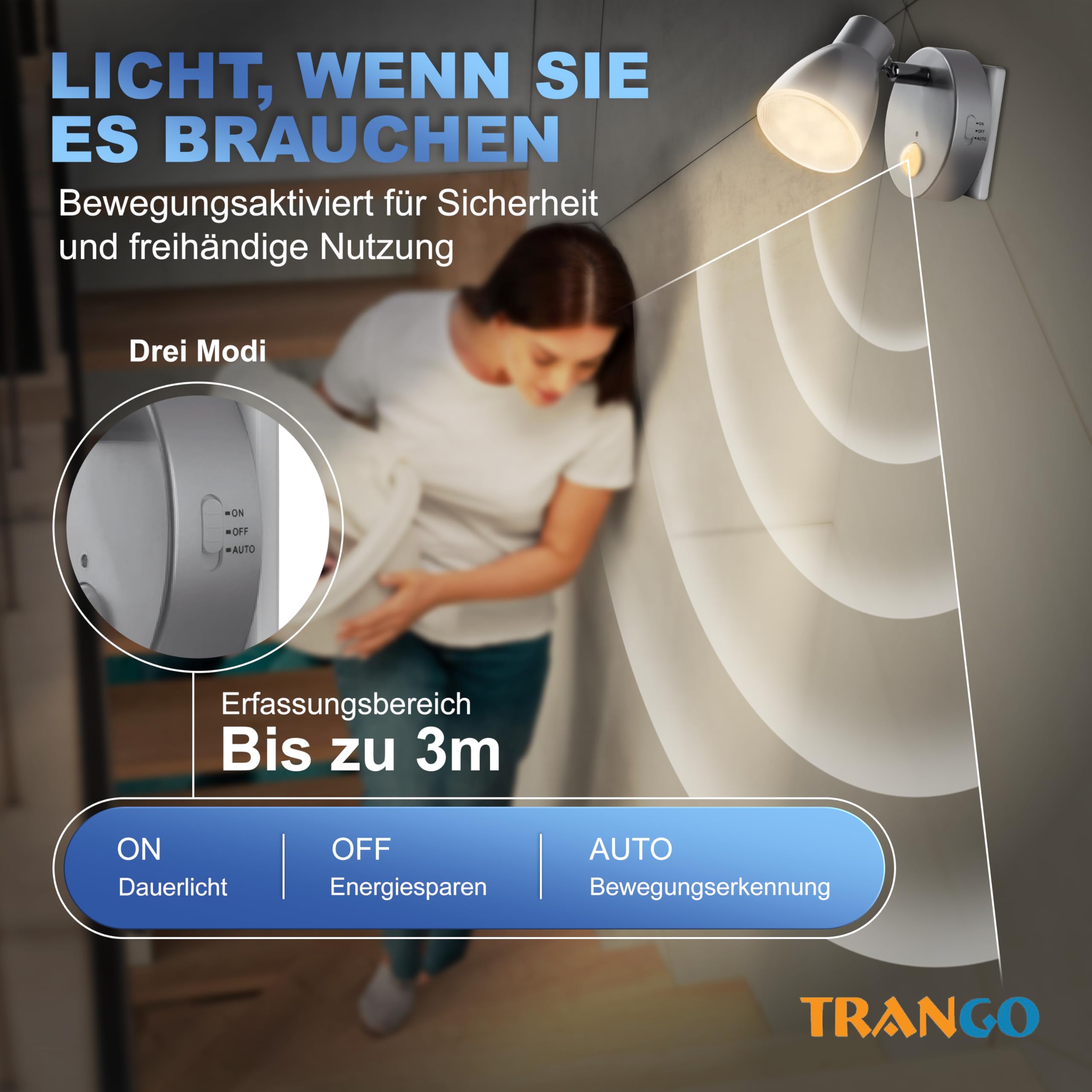 Trango 2er Set Sensor LED de luz nocturna TG2635-024 en plata con función automática 230V con sensor de movimiento, luz de seguridad, lámpara de enchufe, lámpara de pared, luz de orientación