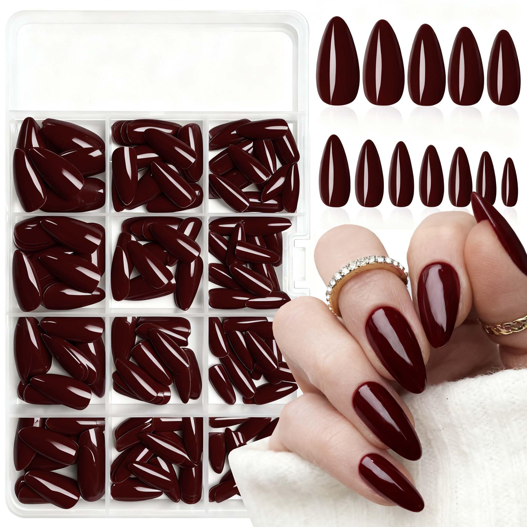 LoveOurHome 240pc Christmas Almond Press on Nails Medium Fake Nail Tips Acrylic Nails Press ons Nail Almond Burgundy Red Short Stiletto Artificial