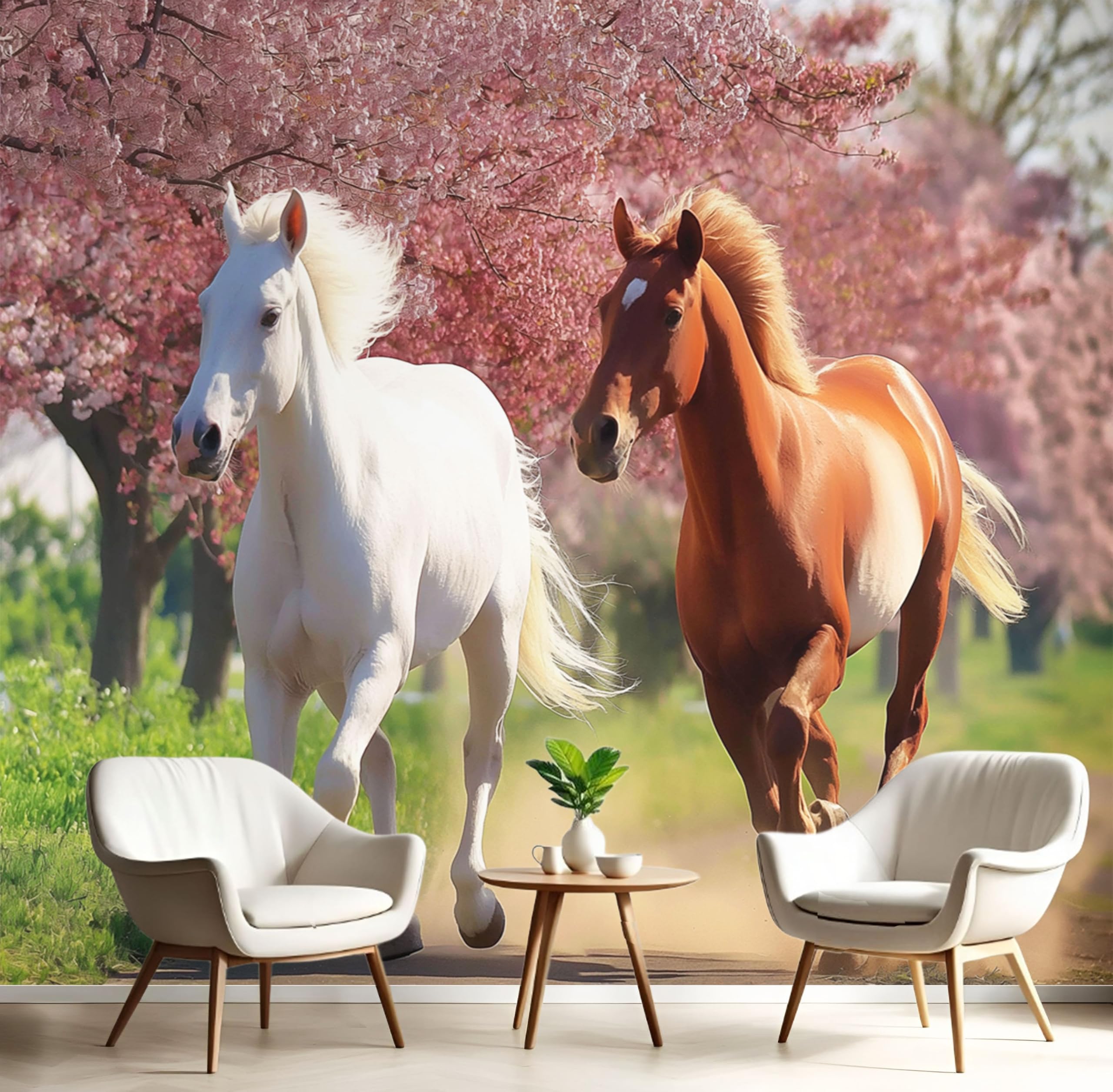 Papel pintado panorámico premium en seda con diseño exclusivo de caballos 3D