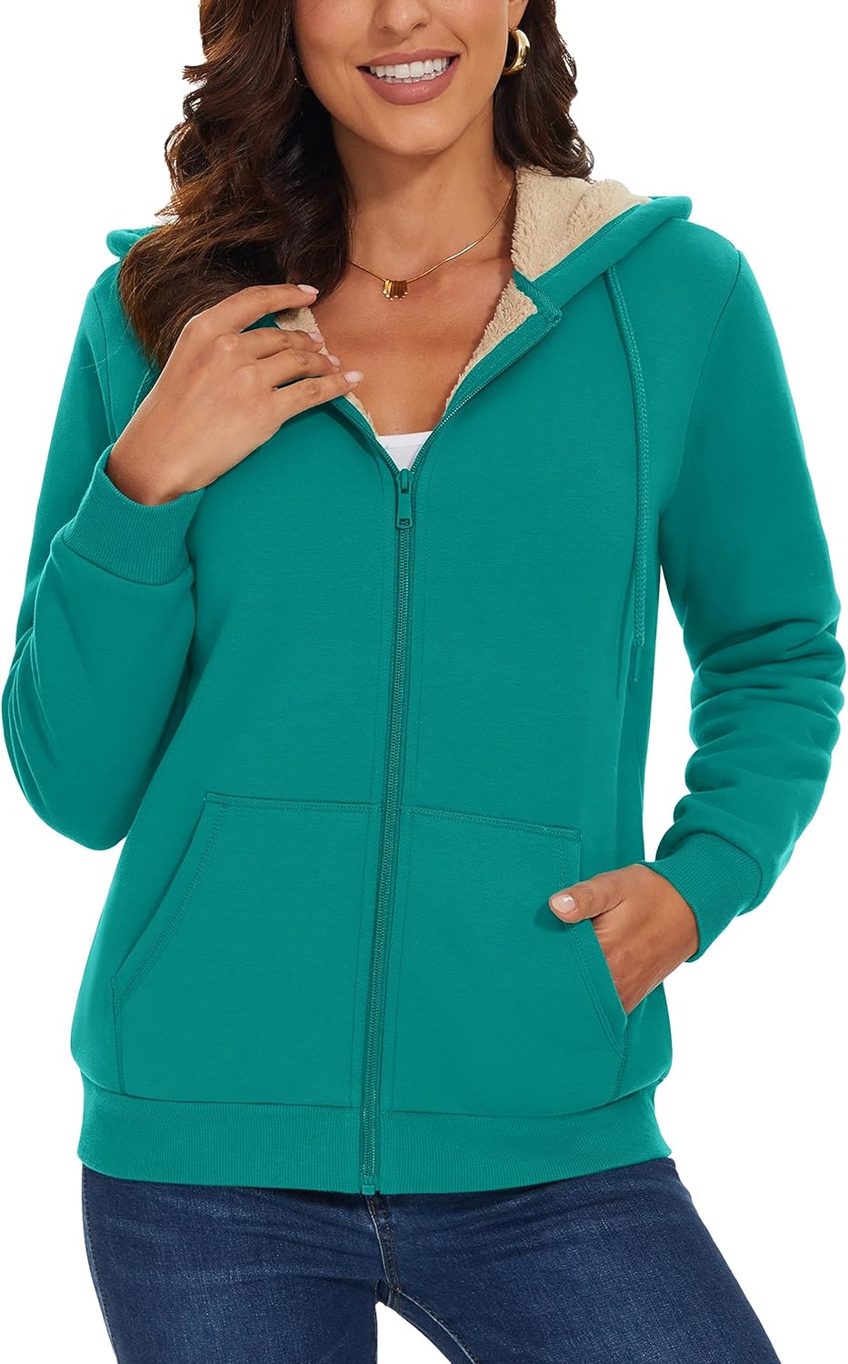 MAGCOMSEN Womens Zip Up Hoodies Sherpa Lined Fleece Thermal Jacket Full Zip Winter Warm Casual Thick Coats Pockets - Image 2