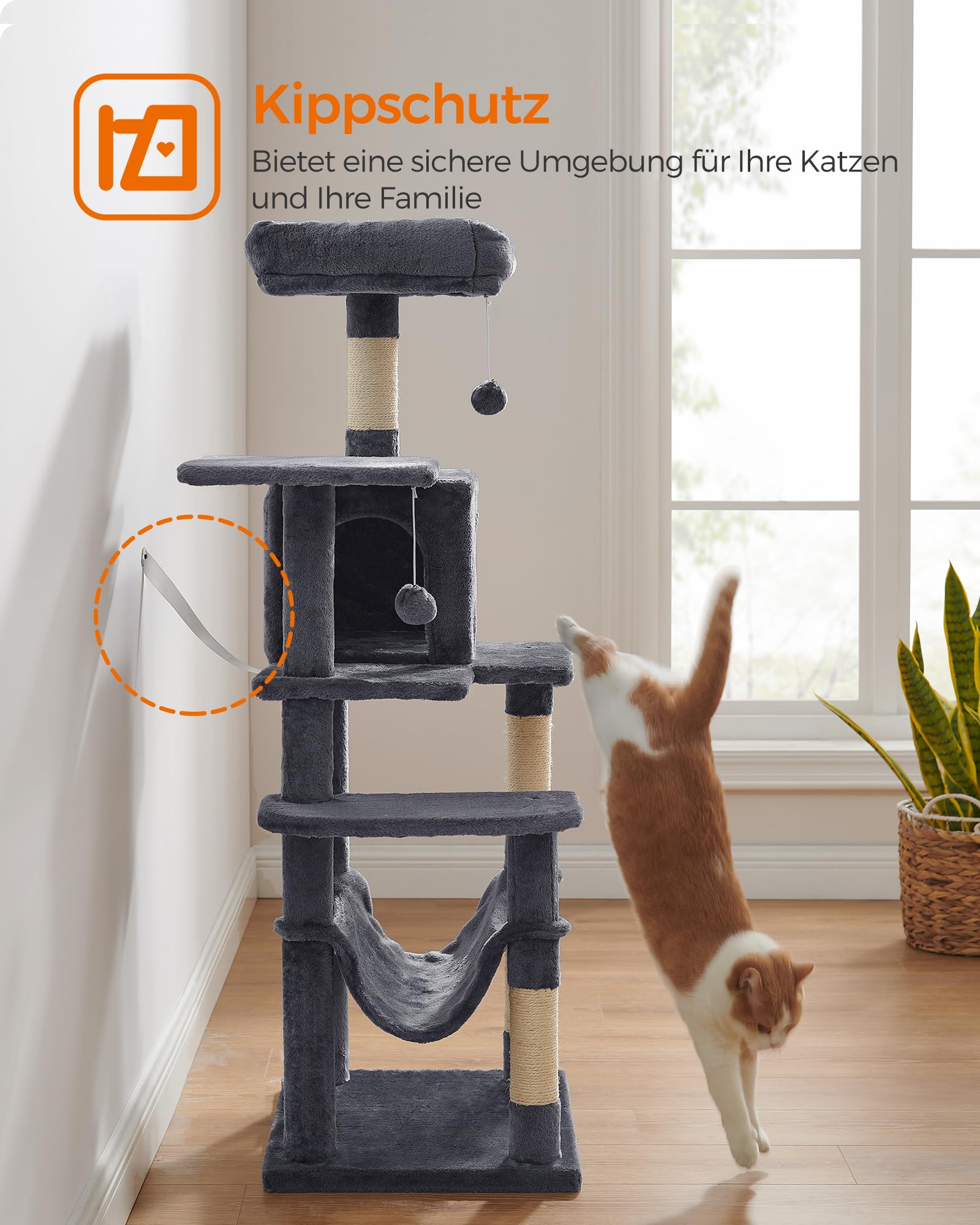 Feandrea Kratzbaum, 143 cm hoch, Katzenbaum, mehrstöckiges Katzenhaus, mit 4 Kratzsäulen, 2 Plattformen, Hängematte, Höhle, rauchgrau PCT161G01
