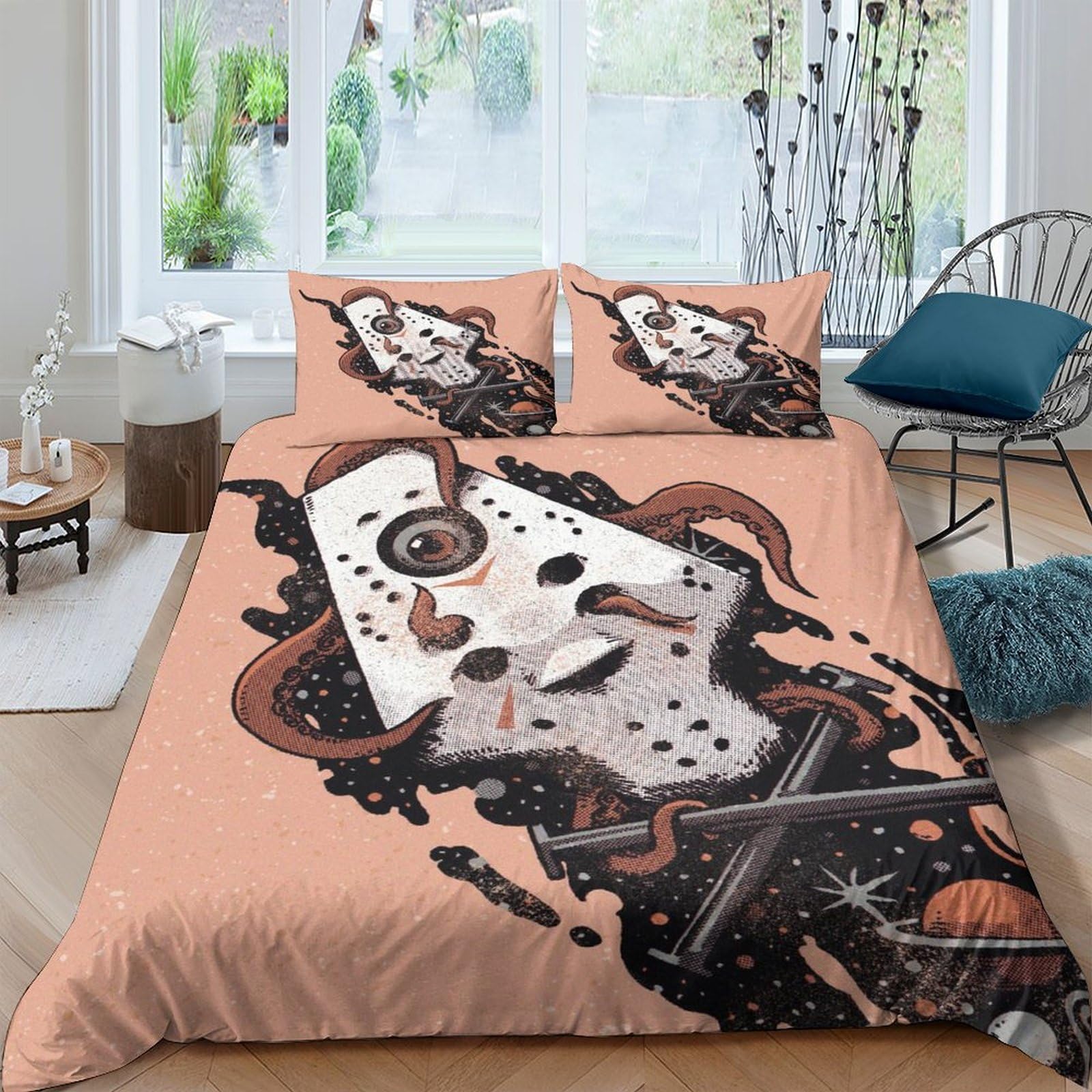 Ctjqhvkz Style-6 3D Printed Horror Mask Fitted Sheet Microfiber Soft Brown Bloody Knife Bed Cover For Bedroom Dorm Mattress Protection Decor Single（135X200cm）