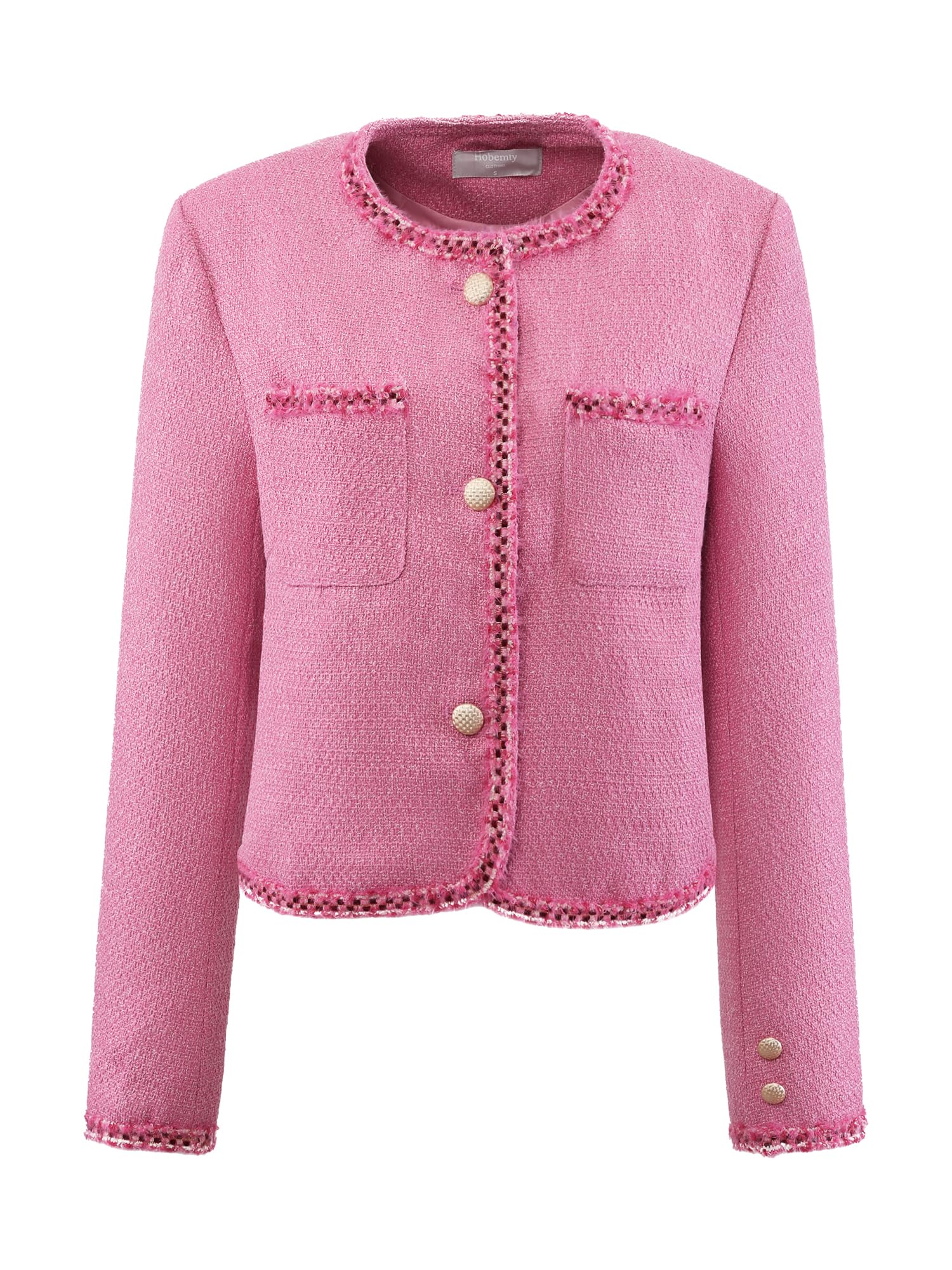 Womens Tweed Blazer Button Down Long Sleeve Open Front Business Casual Cropped Jacket
