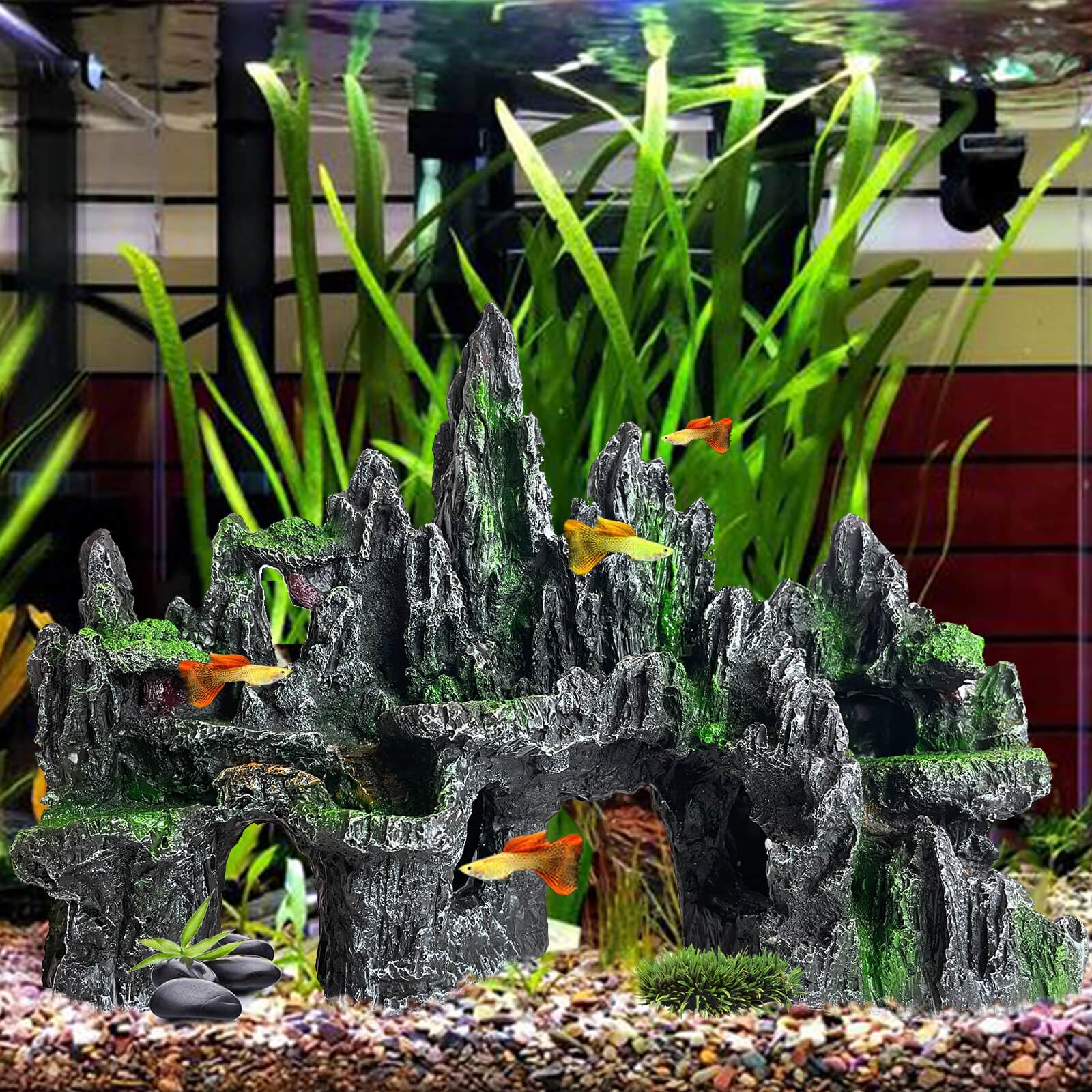 Decoración de acuario grande y alta para pecera, adornos temáticos de roca, adornos de piedra para acuario, decoración de acuario, decoración de árbol, casa, cueva, pecera, extragrande