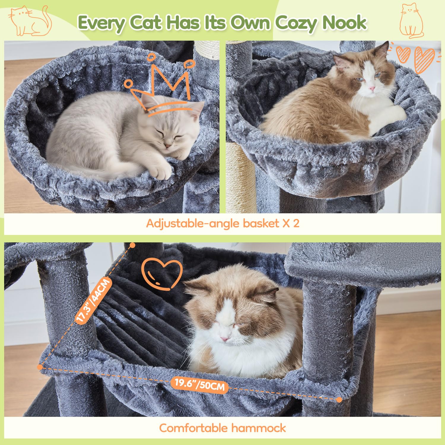 Taoqimiao 72 Inch Cat Tree, XXL Cat Tower for Indoor Cats Large Adult 25Lbs+, Extra-Large Platform, 2 Cat Houses, 7 Scratching Post, Extra-Sized Durable Hammock, Cozy Basket, Smoky Gray, F20G: Smoke Gray