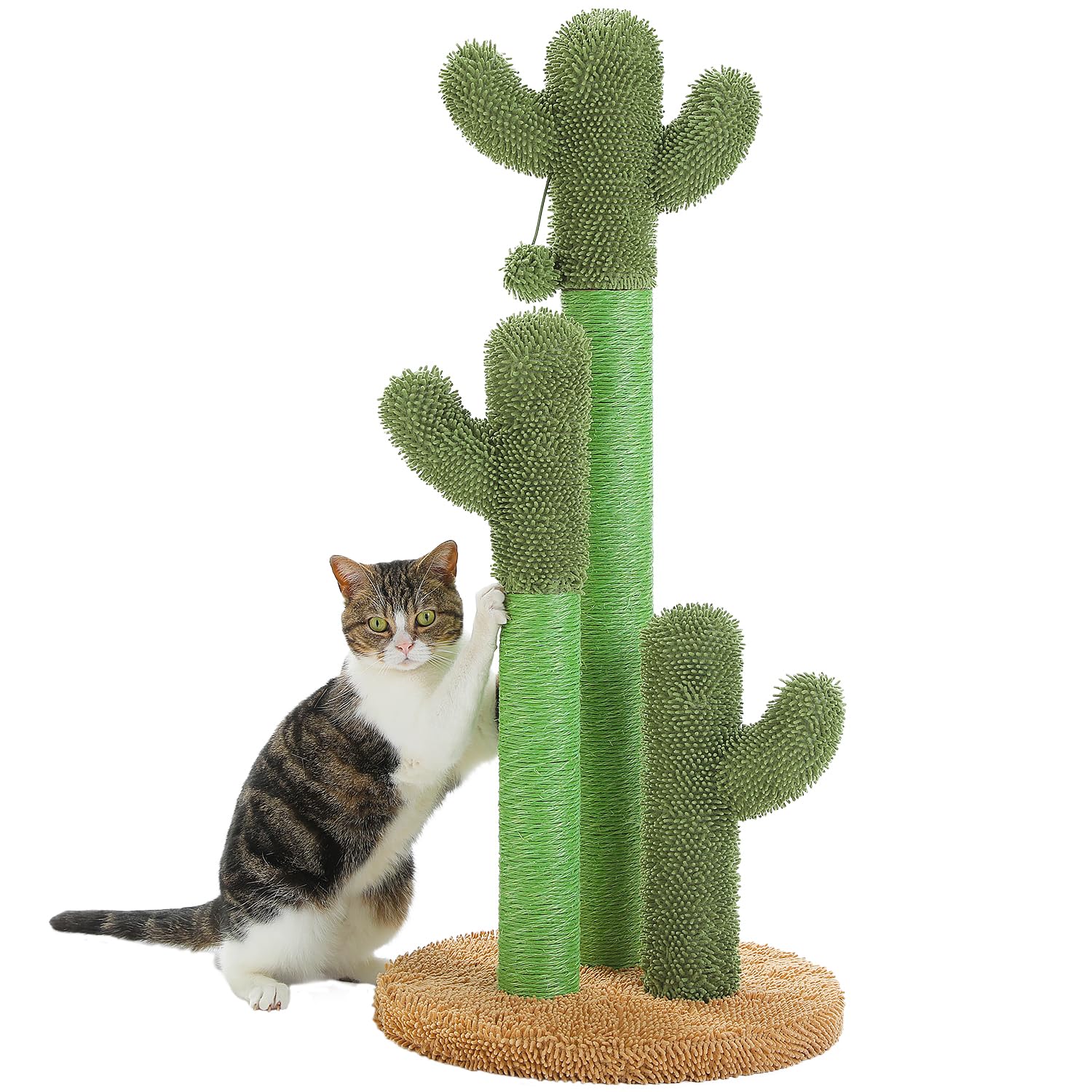 PAWZ RoadCat Scratching Post Cactus Cat Scratcher Featuring with 3 Scratching Poles and Interactive Dangling Ball - 35 Inches