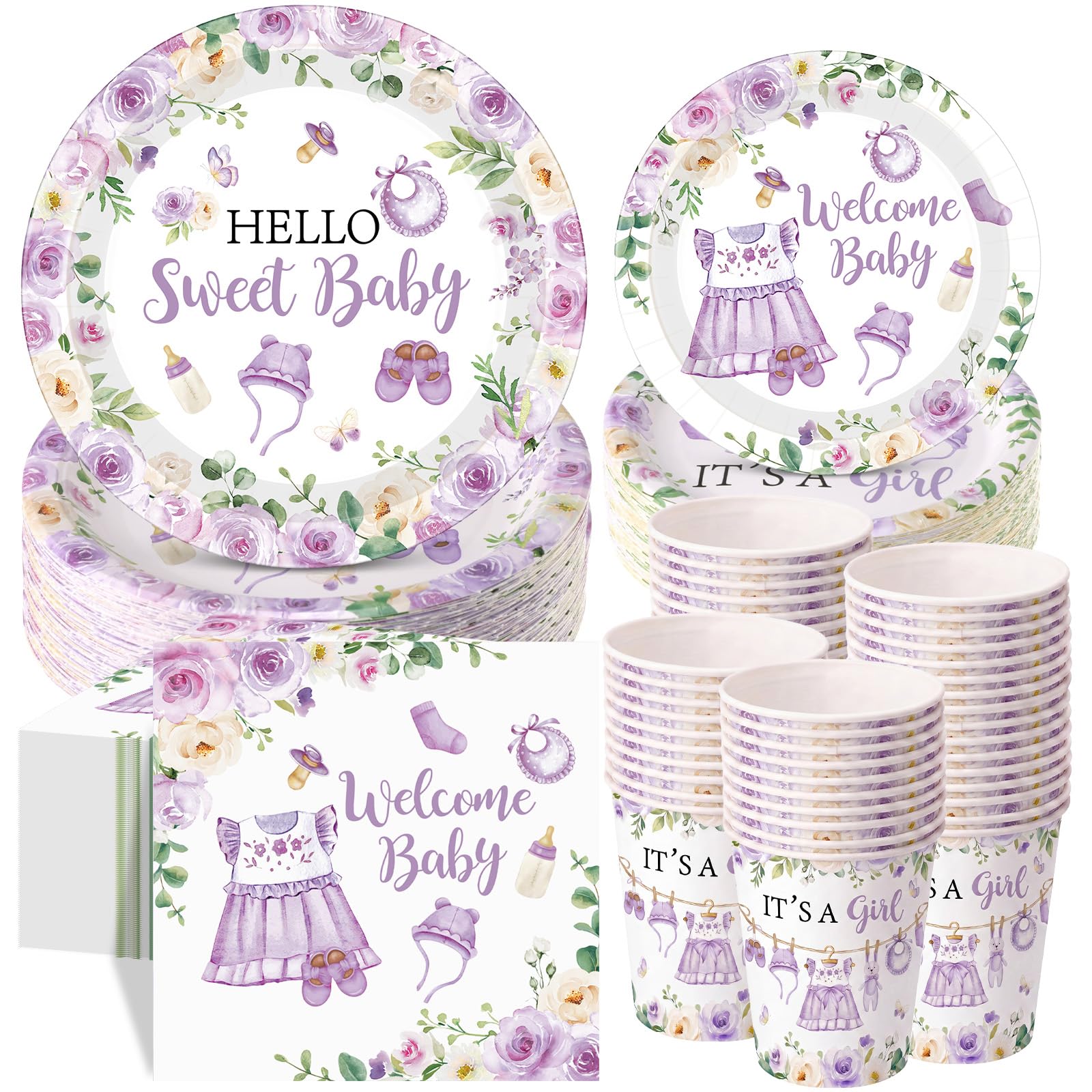 Pickmesh 250 Pcs Purple Floral Baby Girl Shower Disposable Tableware Set Hello Sweet Baby Paper Plates Napkins Cups Cutlery for Gender Reveal Birthday Party Supplies Babies Shower, Serve 50 Guest