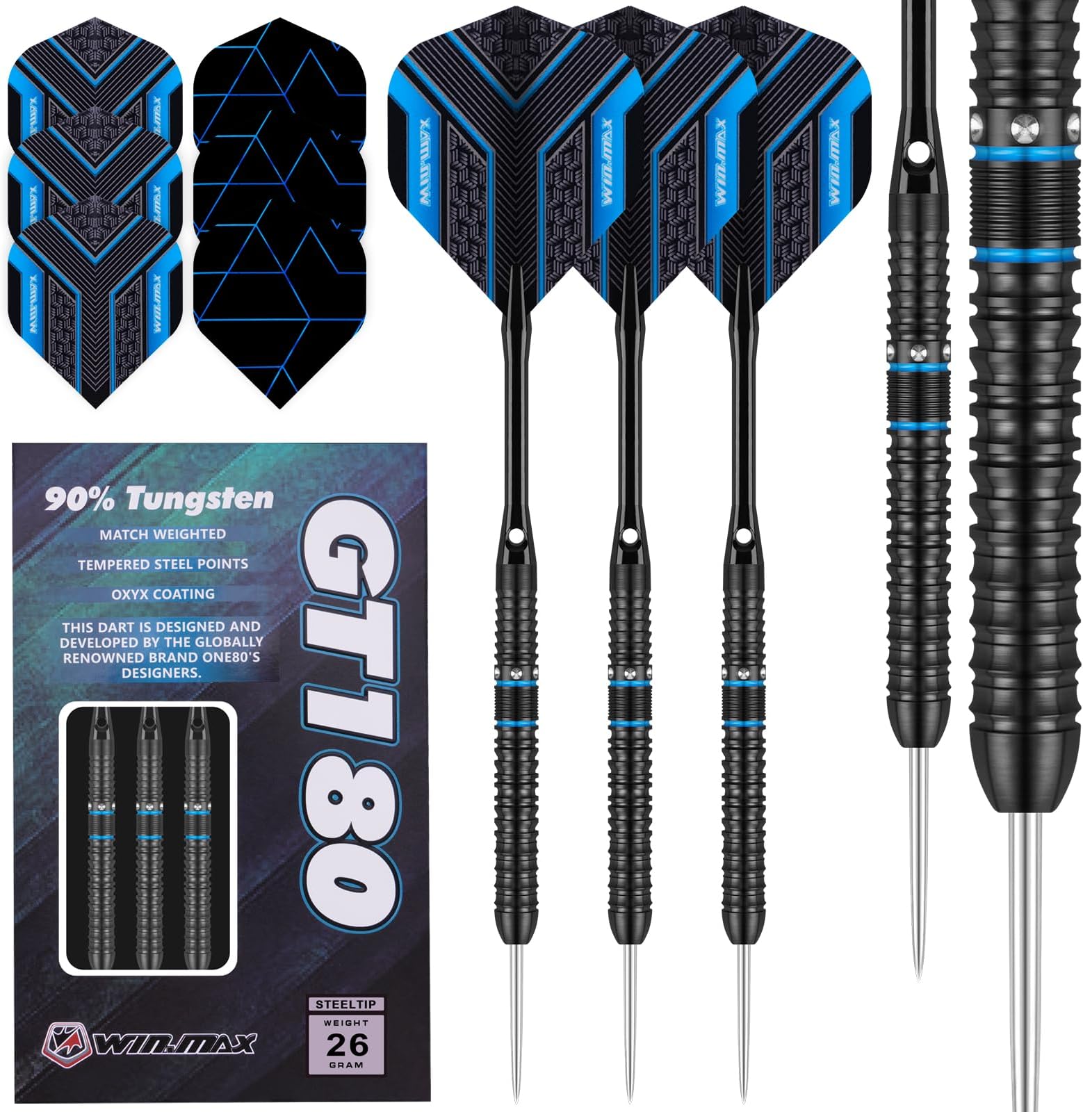 WIN.MAXDarts Tungsten Darts Steel Tip Darts Set (20g, 22g, 23g, 24g, 26g, 28g) - 3PCS Razor Edge Darts Set Professional Darts with Accessories, Including 3 Extra Flights