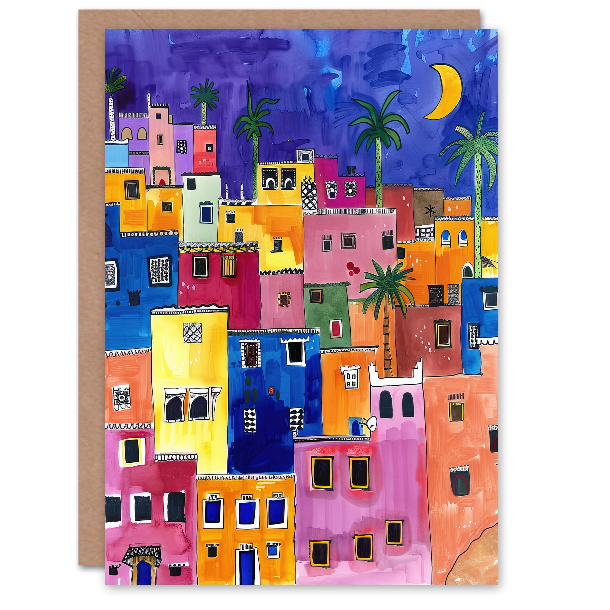 Artery8 Greeting Card Colourful Moroccan Cityscape At Night Watercolour Blank For Him Or Her Art Birthday Card