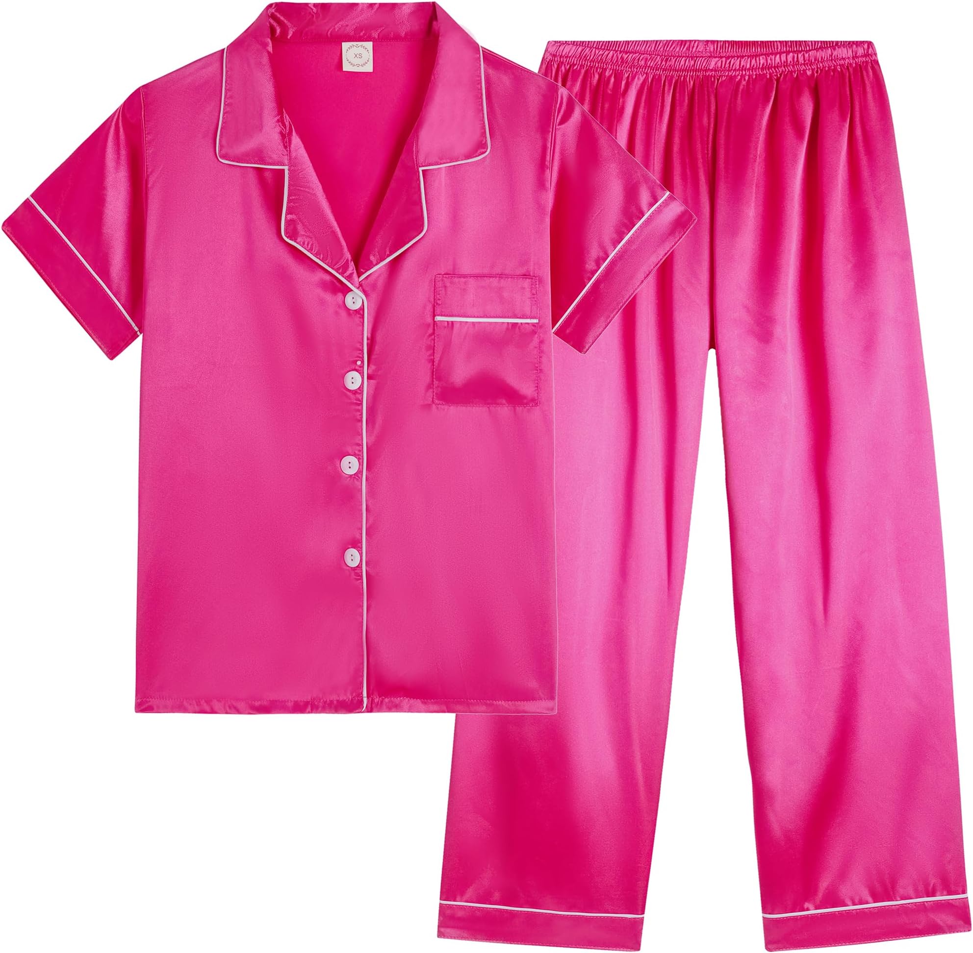 Girls Button Down Satin Pajama Sets Silky Short Sleeve Top & Pants Lounge Wear Teens Cozy Nightwear 2PCS PJS