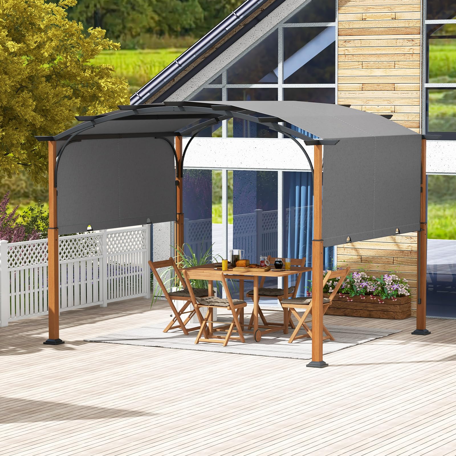 HOMASIS Pergolato Curvo 3,6 x 3m, Gazebo da Giardino con Copertura a Scomparsa, Gazebo Esterno Resistente con Tetto Regolabile in Poliestere, Tettoia per Esterno, Cortile (Grigio)