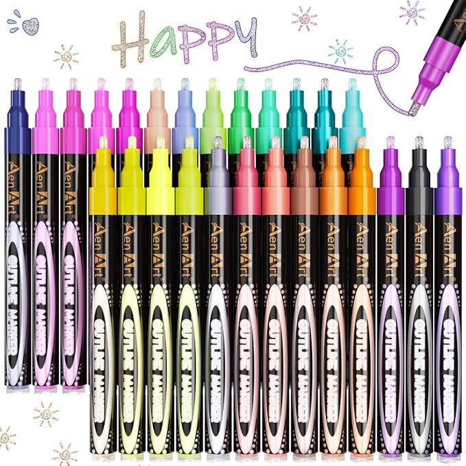 Aen Art Double Line Outline Pens, 26 Colors Shimmer