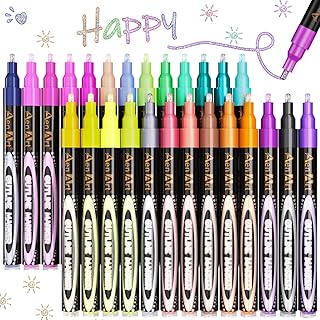 Aen Art Double Line Outline Pens, 26 Colors Shimmer Outline Marker Set, Self-Outline Metallic Markers. Perfect for Doodling, Drawing and Calligraphy