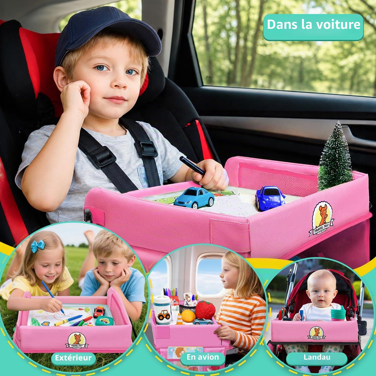 lenbest Plateau de Voyage Enfants, Jouet Créatif D'apprentissage Intérieur pour Accueil École, Planche à Dessin avec 1 Film Transparent de Peinture + 5 Papier à Dessin + 6 Crayons de Couleur (rose)
