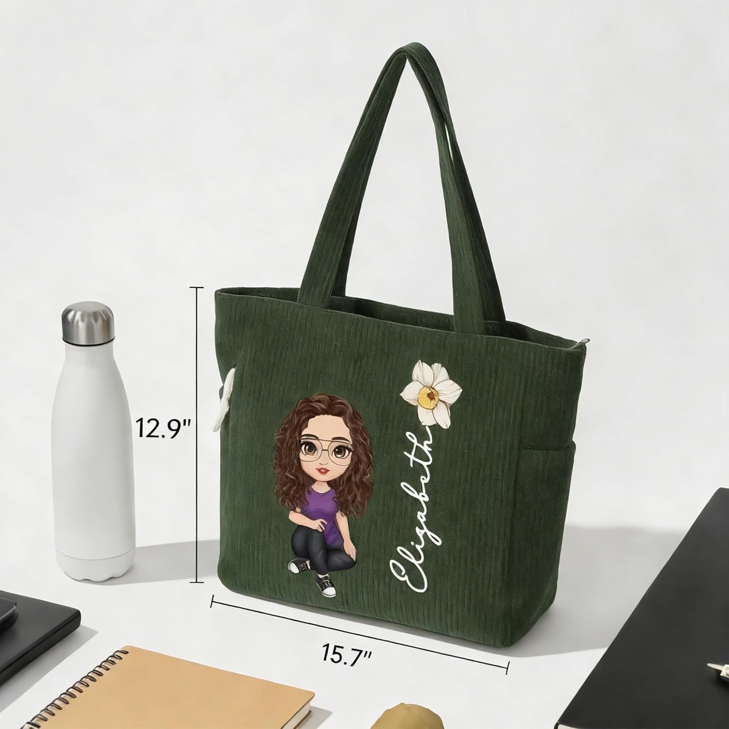 CALLIE Personalized Corduroy Tote Bag for Women | 4 Colors Custom Cartoon Character Birth Flower & Name on Cute Tote Bags Corduroy Shoulder Bag with Pockets | Gifts for Mother Wife Sister Friends - Image 5
