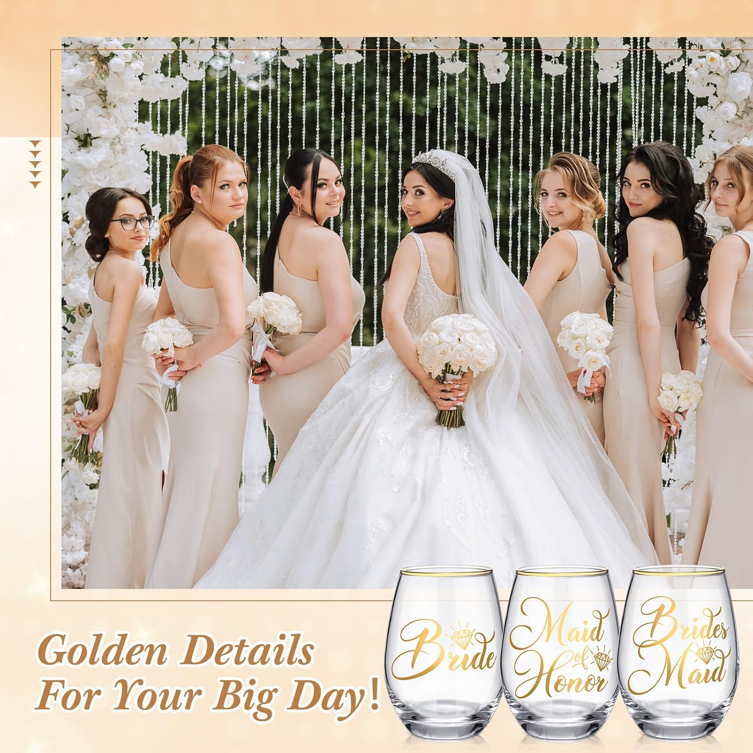 Honeydak 7 Pcs Bridesmaid Wine Glasses Bridesmaid Proposal Gifts 15oz Glass Cup Tumbler for Bride Maid of Honor and Bridesmaids Wedding Bridal Shower Bachelorette Party Favors
