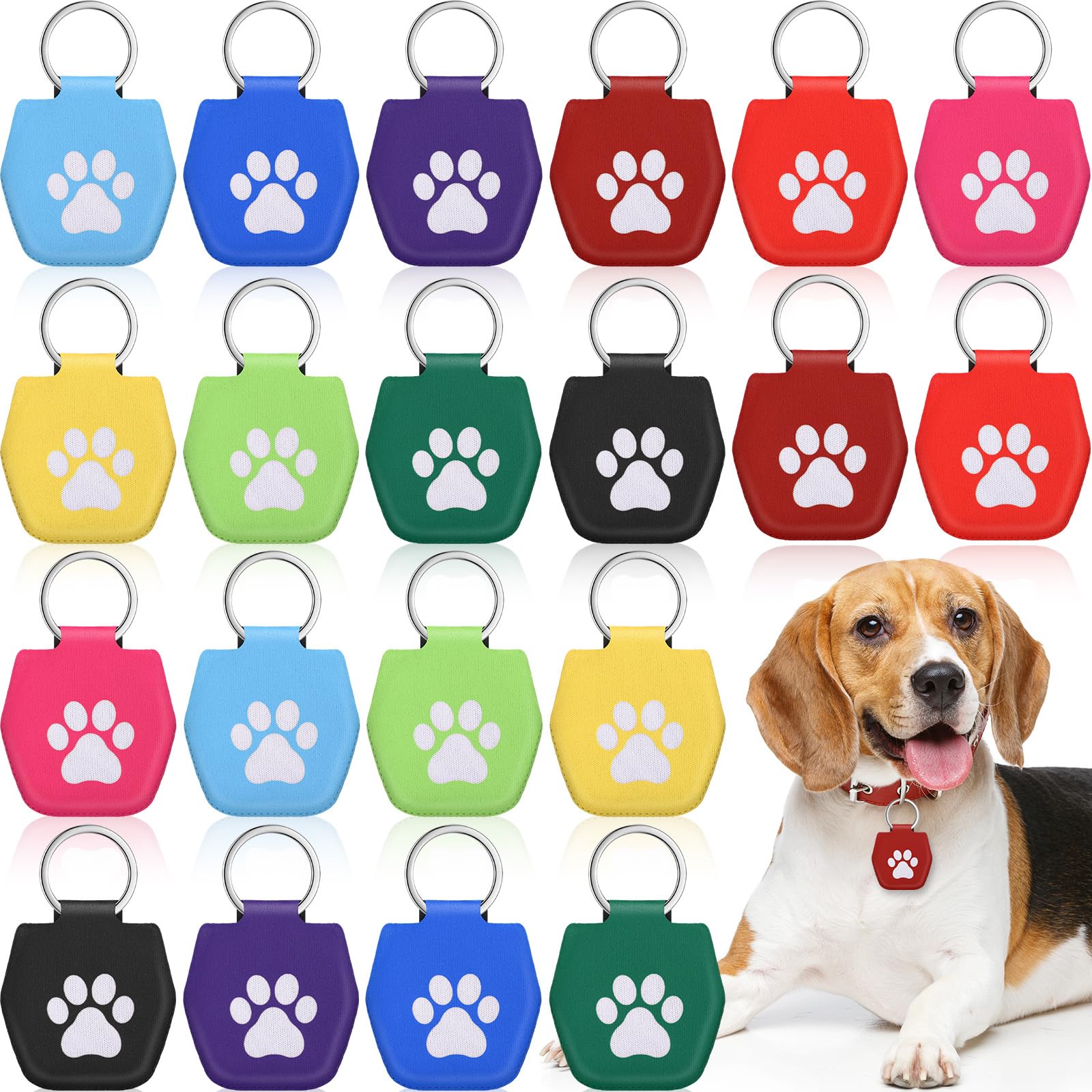 Locmeo 20 Pcs Dog Tag Silencer with Rings Portable Quiet Dog Holder Soundless Cover ID Tags Bag Protector for Cats Pets, White Paw Style