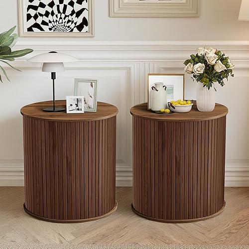 Miniatura 8 de LEVNARY Juego de 2 mesas auxiliares redondas anidables, mesas auxiliares de media luna con tapas de almacenamiento, mesitas de noche estriadas con