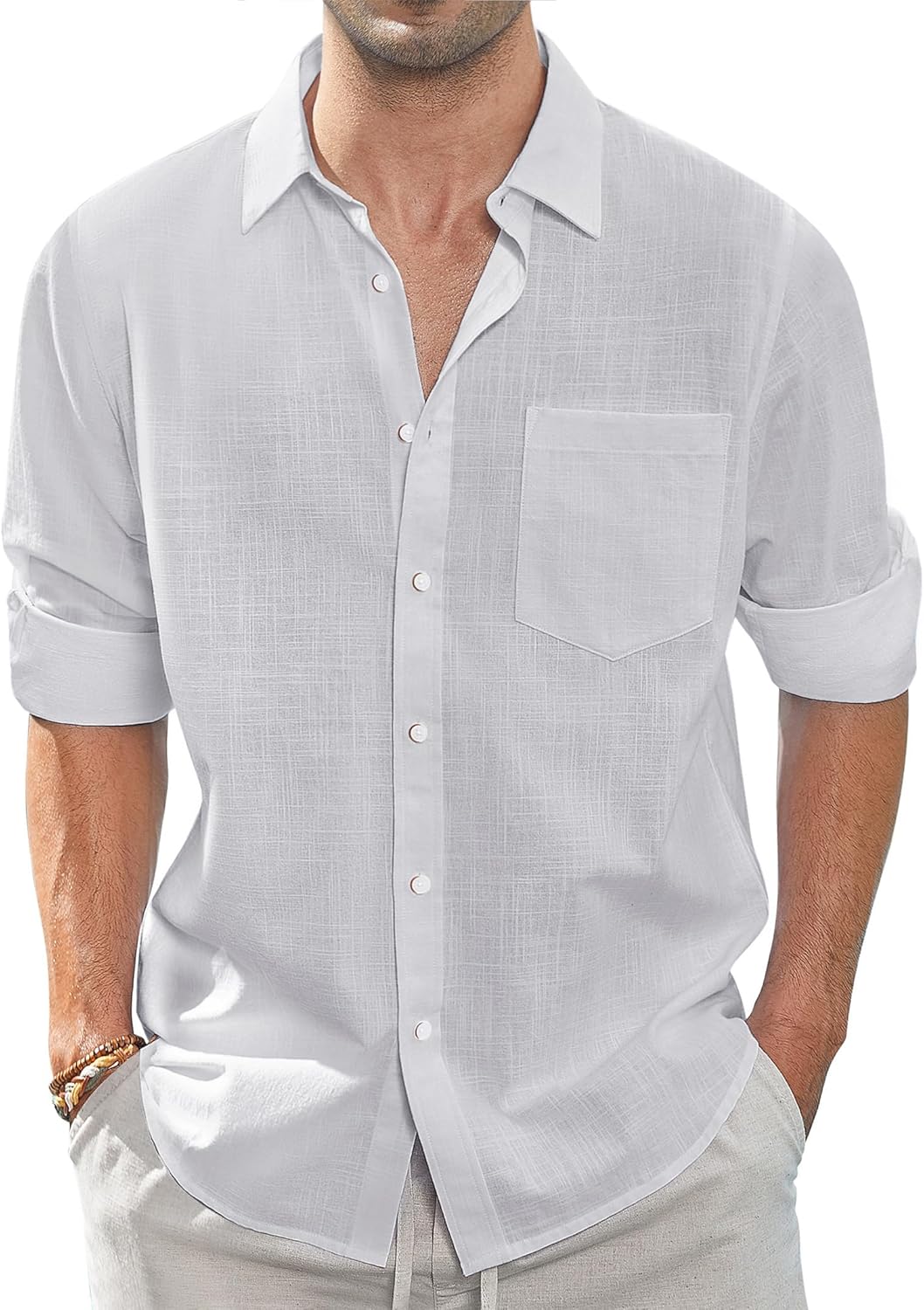 Herren Leinenhemden Freizeit Button Down Langarm Hemd Einfarbig Spread Hemden - Bild 45 von 57