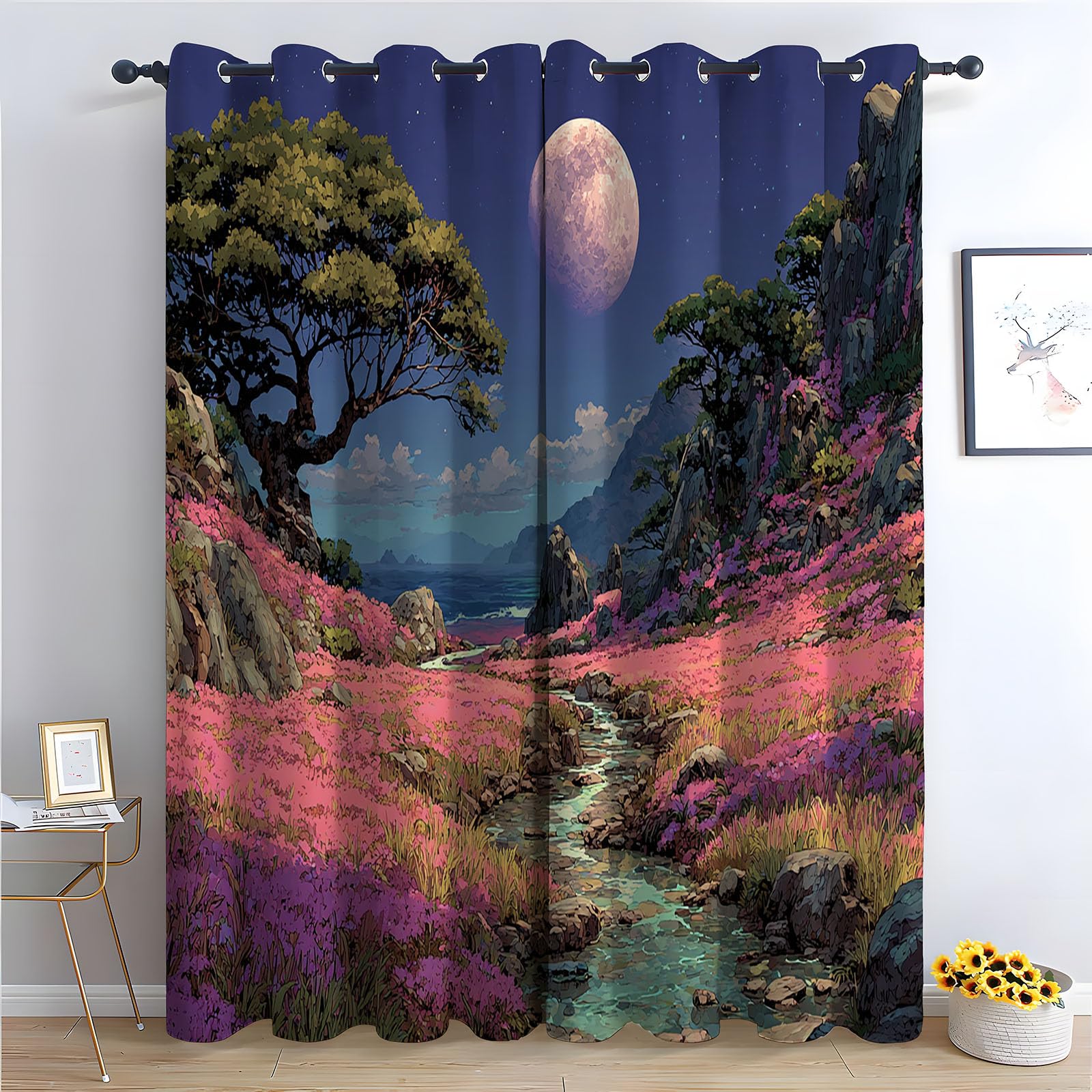 Rideau occultant JOSUE océan et lune abstraite pour chambre - H215 x L100 cm