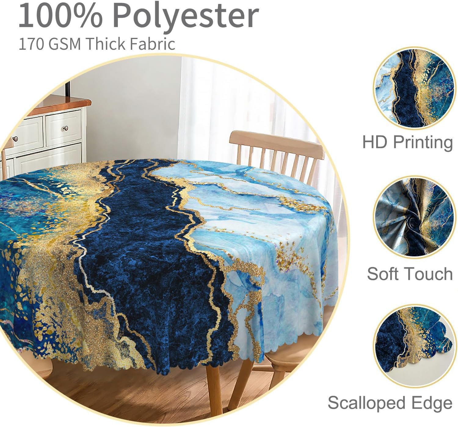 Blue Marble Round Tablecloth 60 Inch Navy Blue Marble Gold Crack Modern Luxury Ink Art Table Cloth Oil Proof Wrinkle Free Polyester Table Cover for Dining Room Kitchen Patio Party Supplies