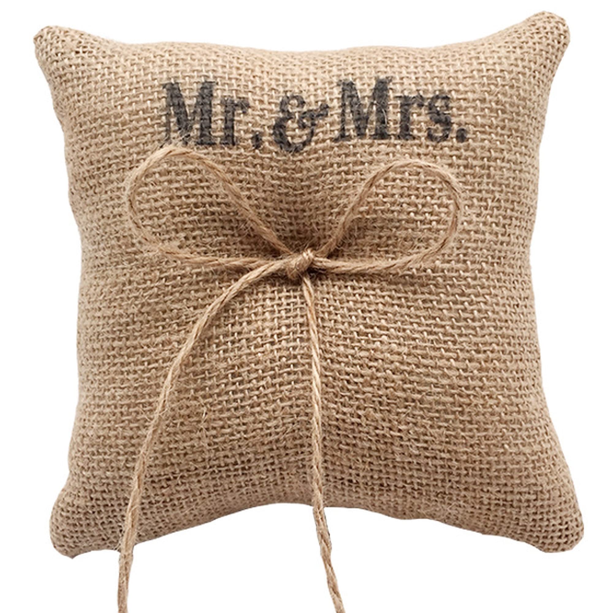 Laurel & MasonLaurel & Mason Natural Jute Wedding Ring Pillow - Mr & Mrs Rustic Cushion Bearer Wedding Decorations 13cm