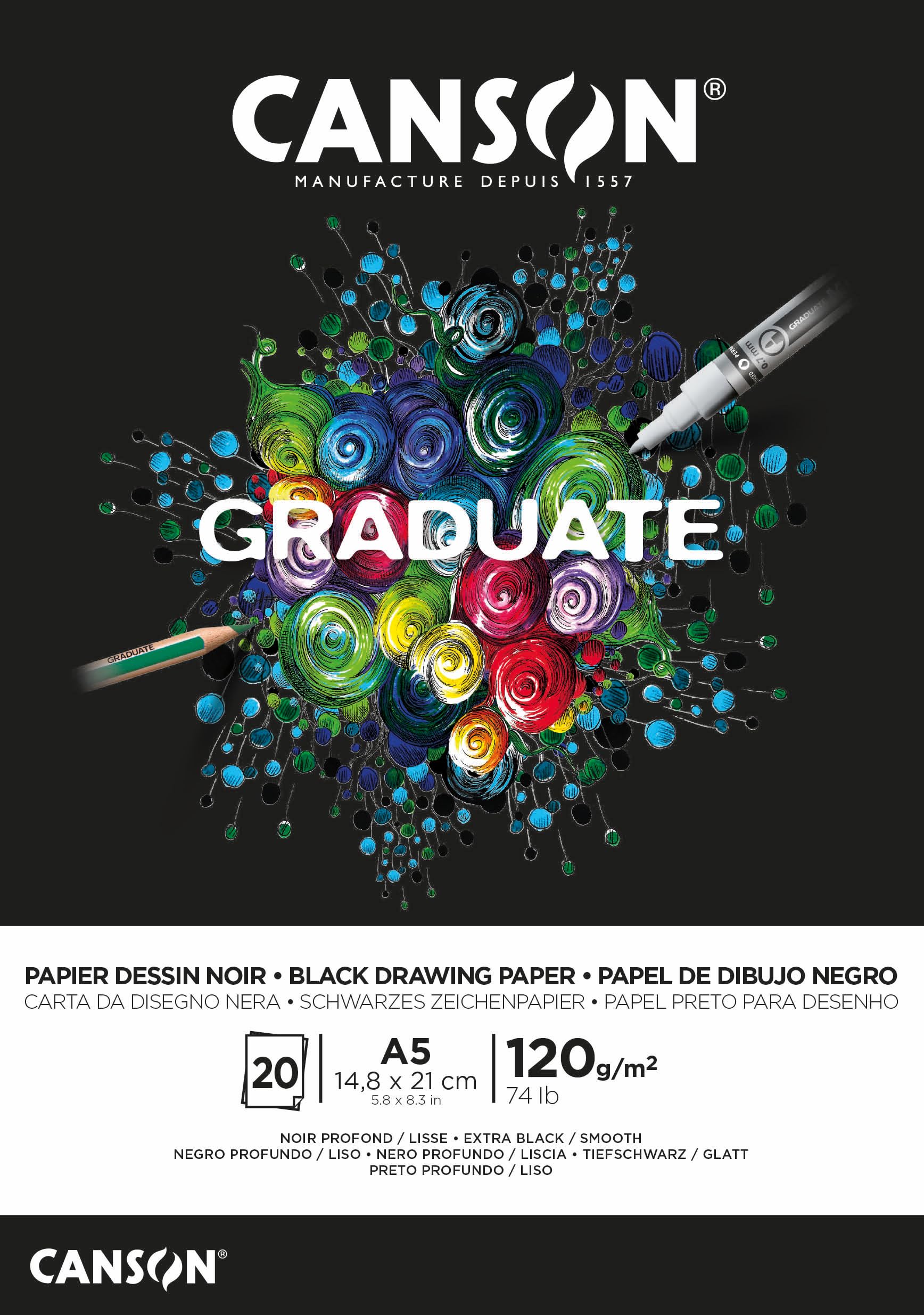 Canson Graduate - C400110385 Zeichenpapier - Zeichenblock, DIN A5, 20 Blatt, 120 g/m², schwarz