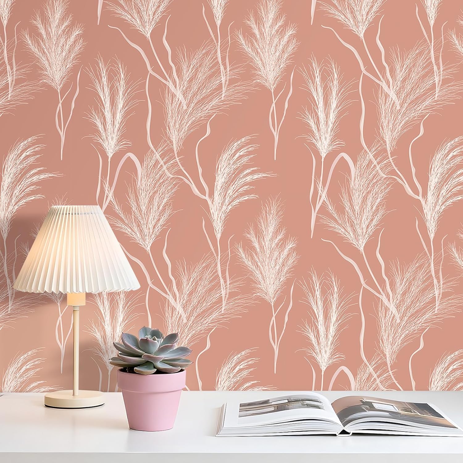 FunStick 17.5"x354" Brown Pink Botanical Peel and Stick Wallpaper Boho Pampas Grass Leaves Floral Self Adhesive Contact Paper Decorative Pink and White Wallpaper for Girls Kids Room Bathroom Walls