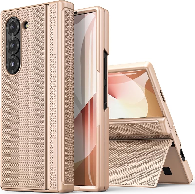 BXYJY para Samsung Z Fold 6 Funda con soporte, protección de bisagra, oro rosa | Protector de pantalla frontal de vidrio, cubierta dura y resistente de cuerpo completo de 360°, funda protectora delgada para teléfono Samsung Z Fold 6 5g 2024