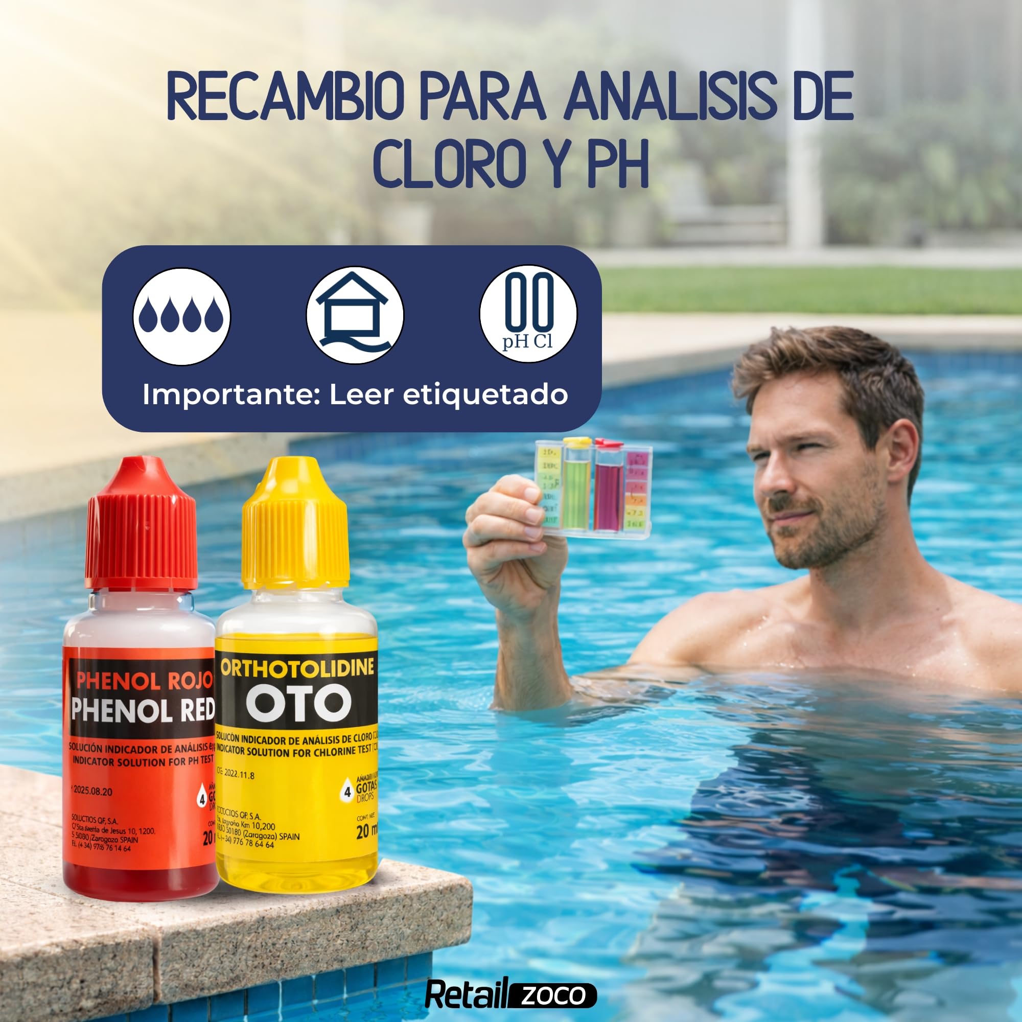 Recambio Test Kit Cloro y pH, Bote liquido Phenol y Oto en gotas, Accesorios Piscina Básico, Apto para cualquier tipo de agua, Contiene 20 ml de Phenol y 20 ml OTO en gotas - imagen 2