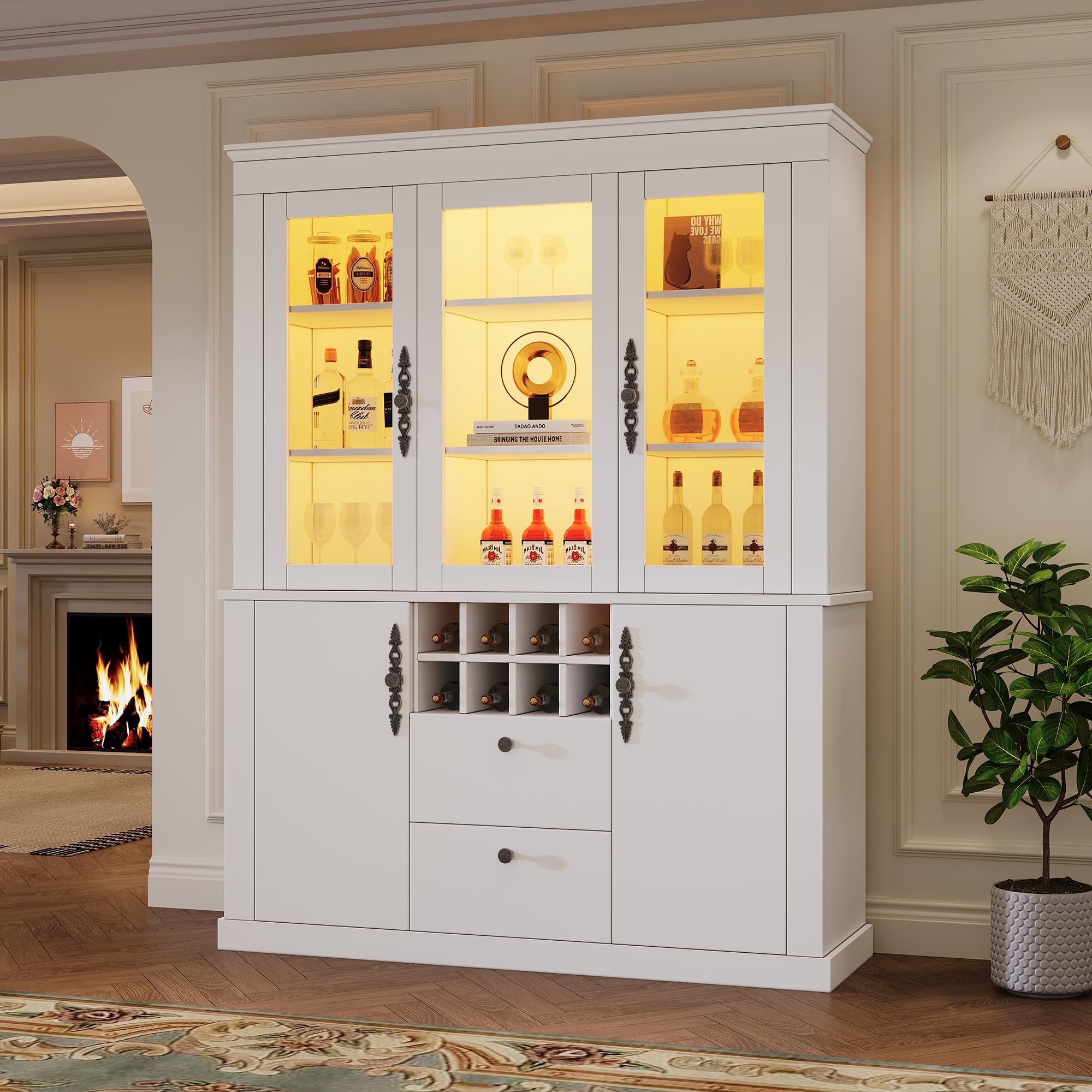 Vitrina de 130 x 37,5 x 170,5 cm, vitrina de pie con 2 cajones, 4 puertas de armario, vitrina de cristal con LED, armario de salón de 130 cm de ancho, armario multifunción con 8 estantes para