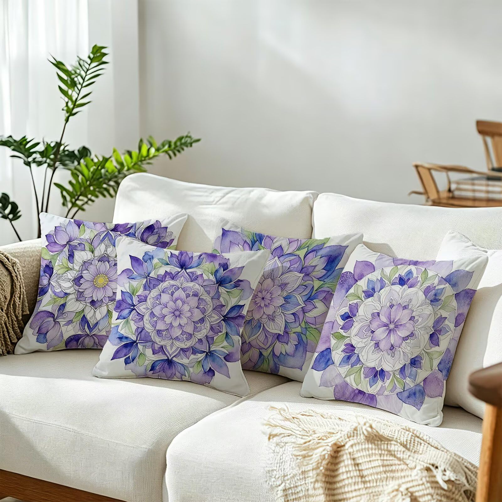 Viola Federe Cuscini Divano 45x45cm, Cuscini da Esterno Set de 4, Cod-310 | Lin Copricuscini Decorativi Letto Arredo, per Letto, Soggiorno, Giardino, Esterno, Casa Decorazione Set di 4 Fiore